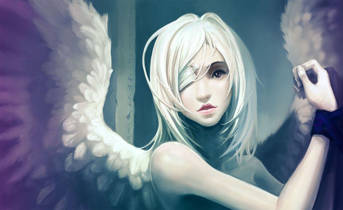 1145x700 Fantasy anime angel wings feathers bondage mood emotion sad sorrow pain face eyes gothic blondes women females girls art wallpaperx1174