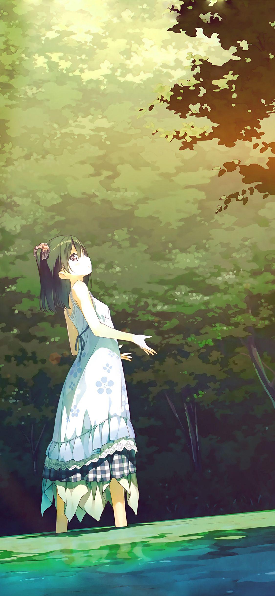 1125x2436 iPhone X wallpaper. anime girl green art illustration flare