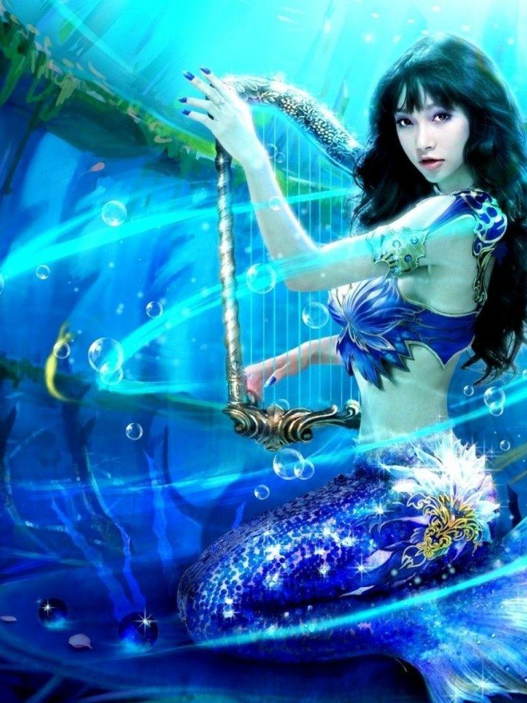 768x1024 Mermaid Black Hair Jewel Harp iPad wallpaper