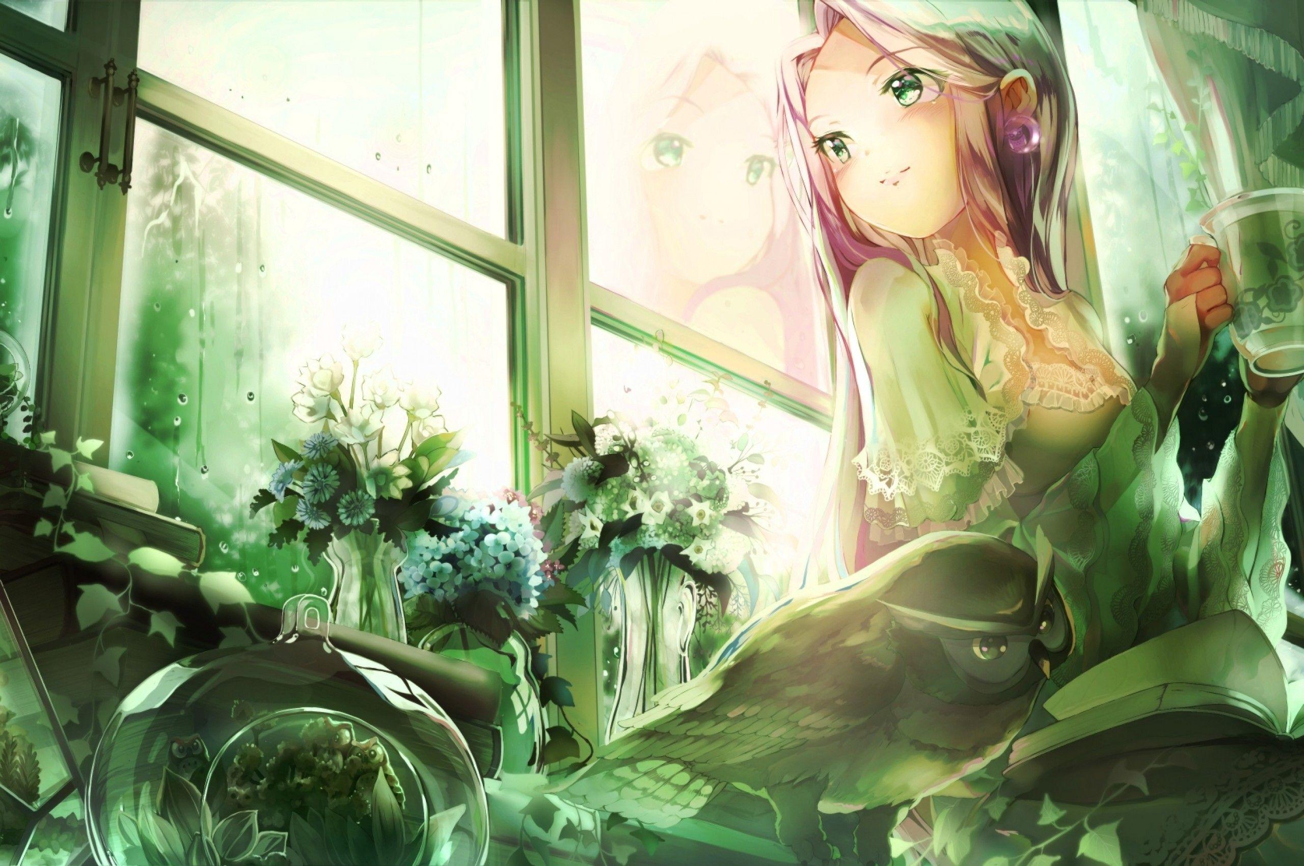 2560x1700 Download 2560x1700 Anime Girl, Owl, Looking Away, Green Eyes, Cute, Flowers, Pink Hair Wallpaper for Chromebook Pixel