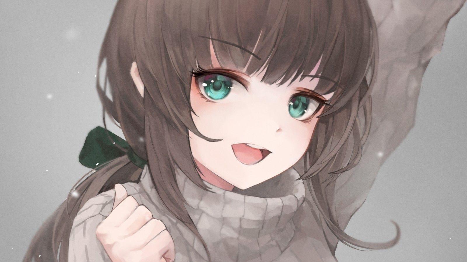 1600x900 Download 1600x900 Anime Girl, Sweater, Brown Hair, Green Eyes Wallpaper