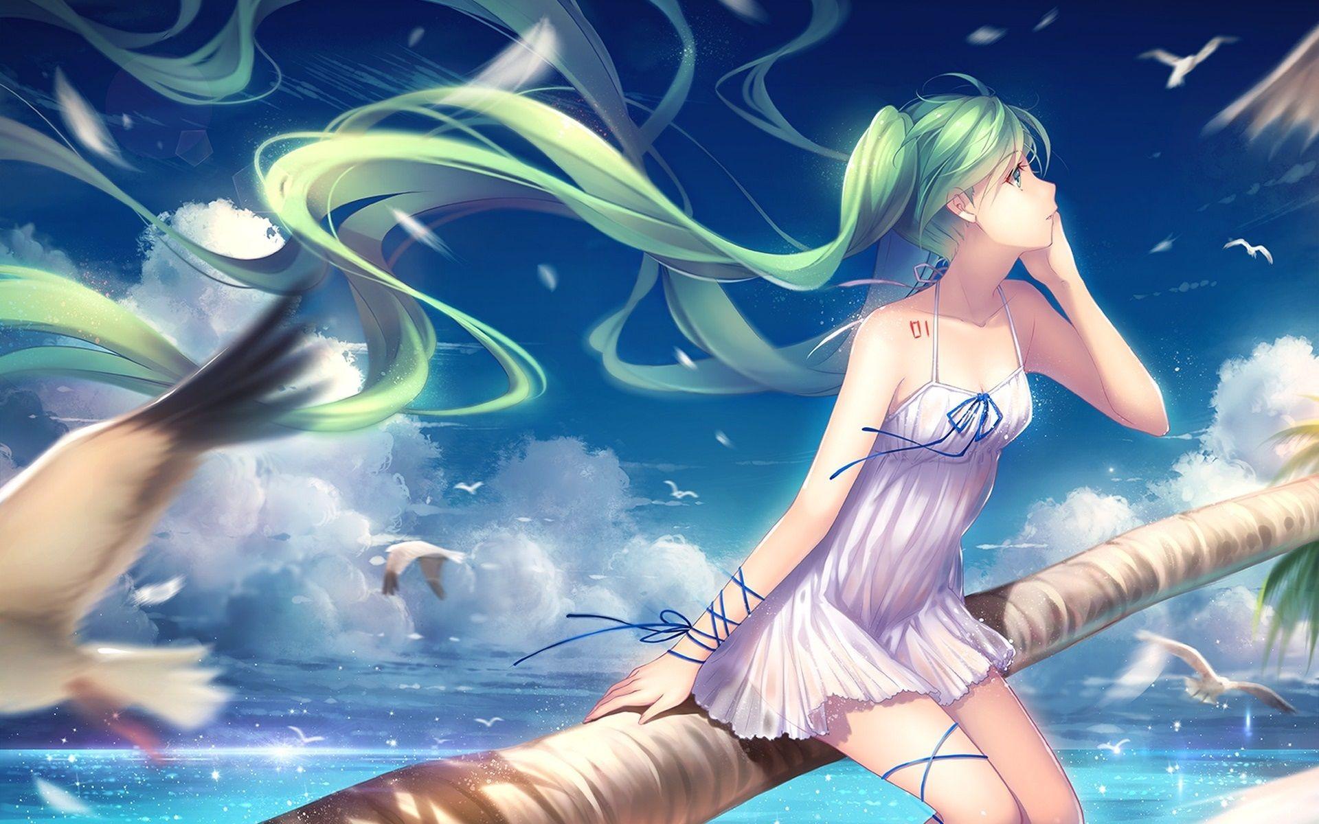 1920x1200 Wallpaper Hatsune Miku, Green Hair Anime Girl, Seagulls, Girl With Sea Green Hair