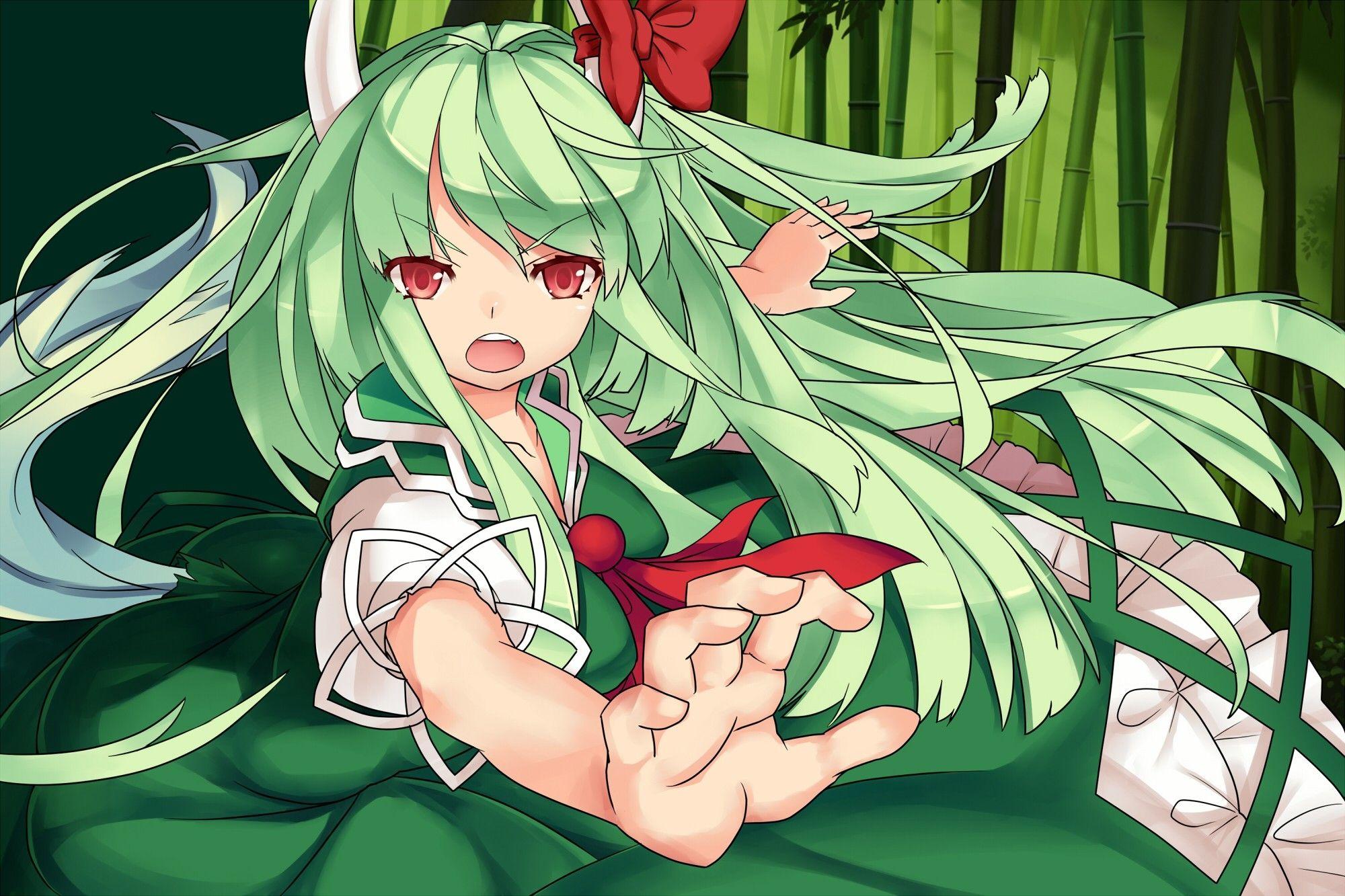 2000x1333 touhou dress horns long hair red eyes green hair kamishirasawa keine bows open mouth anime girls gre High Quality Wallpaper, High Definition Wallpaper