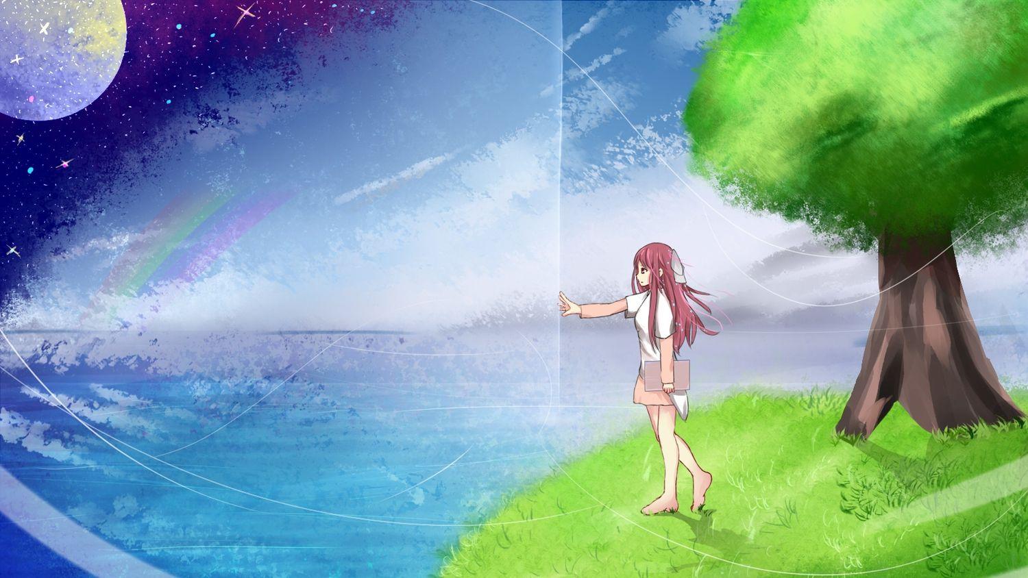 1500x844 barefoot bow clouds dress grass rainbow rin (shelter) shelter sky summer dress tagme (artist) tree. konachan.com.com Anime Wallpaper