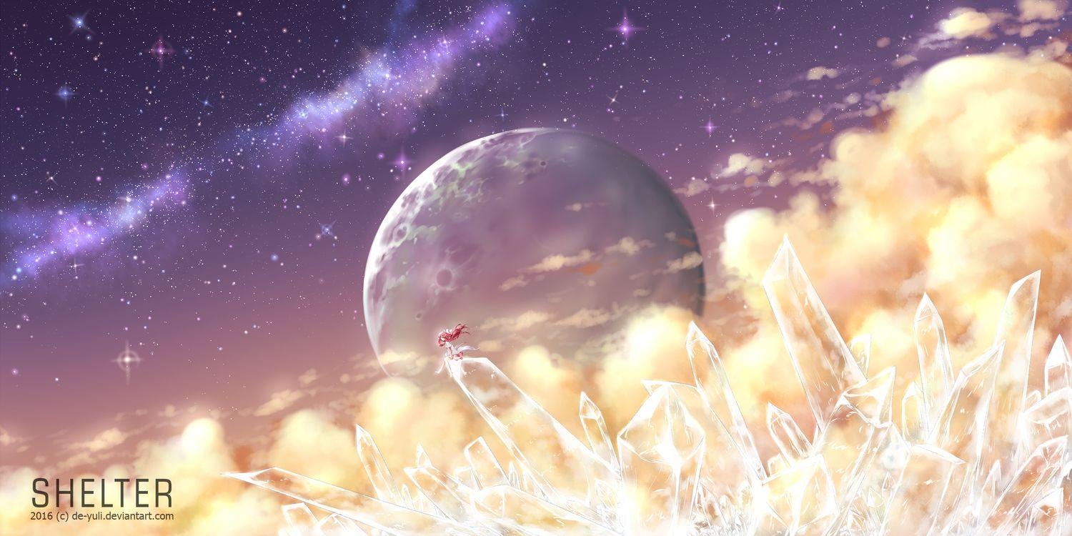 1500x750 Bow Clouds De Yuli (yuliana) Dress Long Hair Moon Planet Red Hair Rin ( Shelter) Shelter Sky Stars Watermark. Konachan.com.com Anime Wallpaper