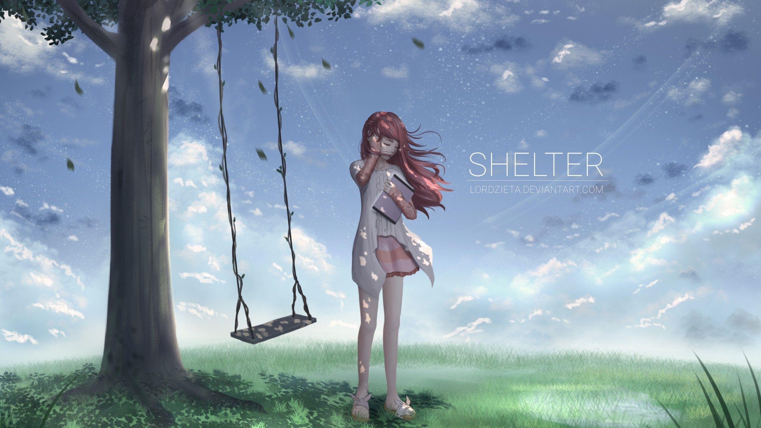 2560x1440 Download 2560x1440 Rin, Shelter, Swing, Wind, Closed Eyes, Anime Landscape, Long Hair Wallpaper for iMac 27 inch