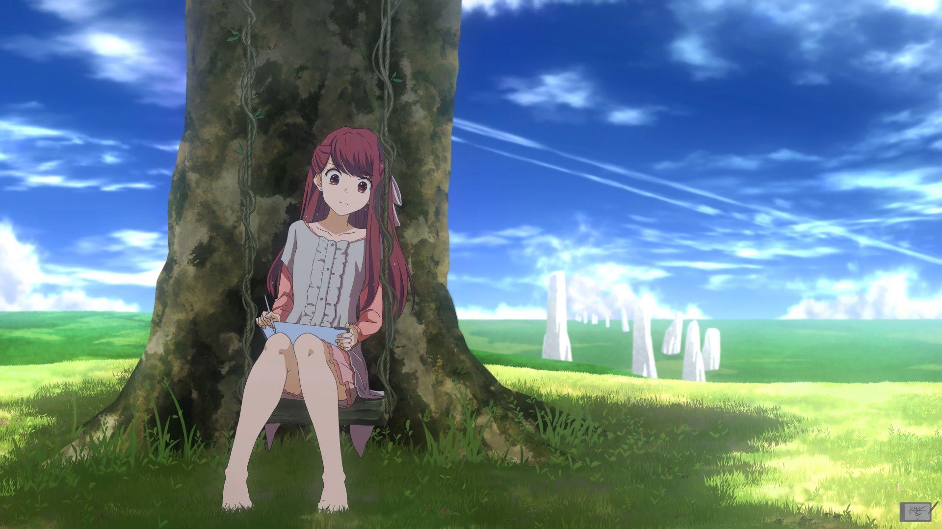 1920x1080 barefoot clouds grass red eyes red hair rin (shelter) satyarizqy shelter signed sky tree. konachan.com.com Anime Wallpaper