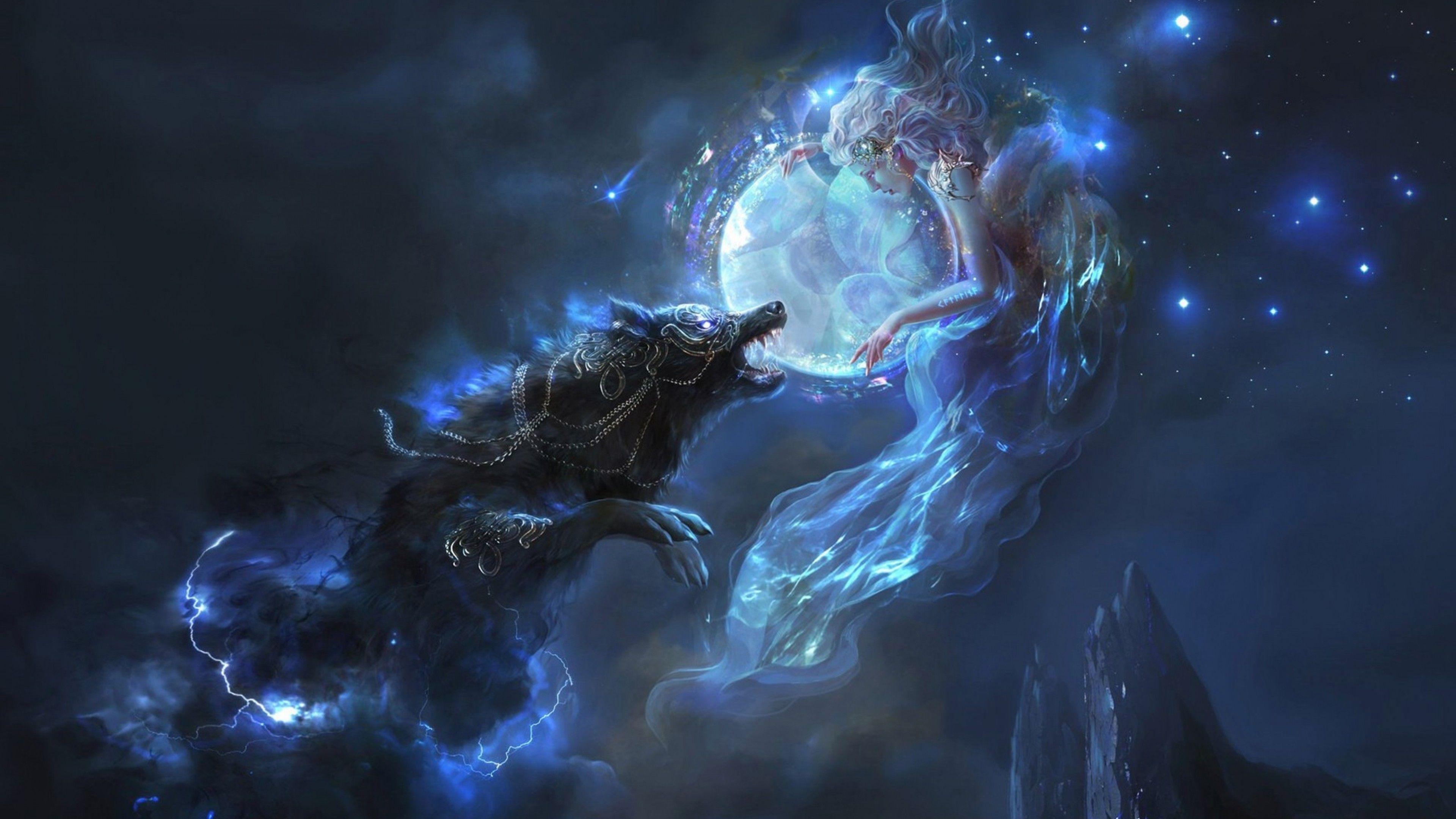 3840x2160 Download 3840x2160 Fantasy Girl, Wolf, Lights, Stars, Magic
