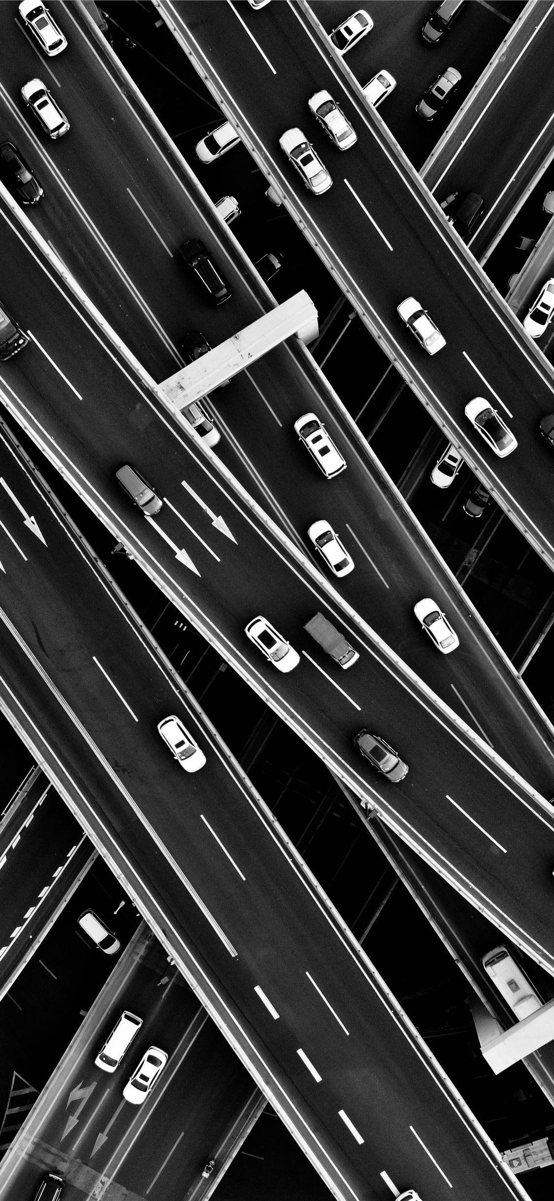 1125x2436 aerial grayscale photography of cars in the street. iPhone 11 Wallpaper Free Download