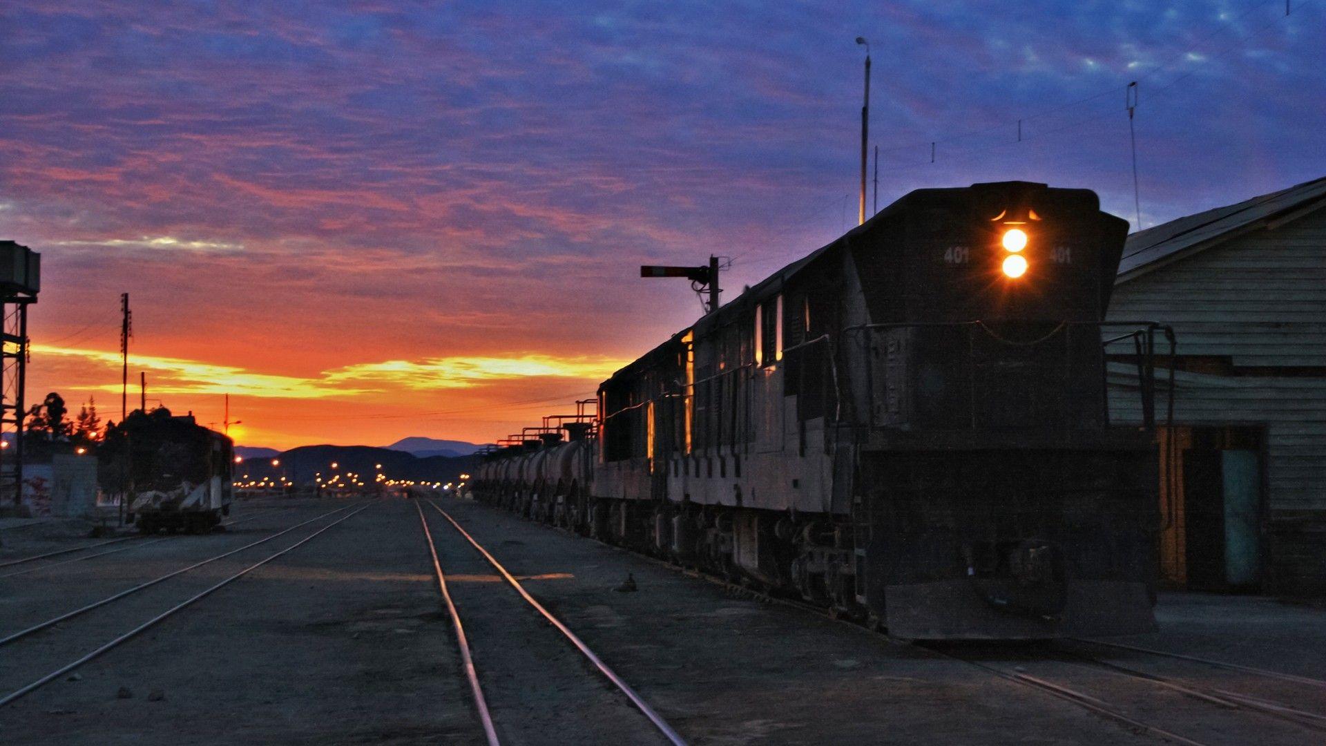 1920x1080 sunset, Chile, clouds, landscapes, lights, trains, steel, machines, railroads, acid, skies, railway station, Atacama Desert wallpaper