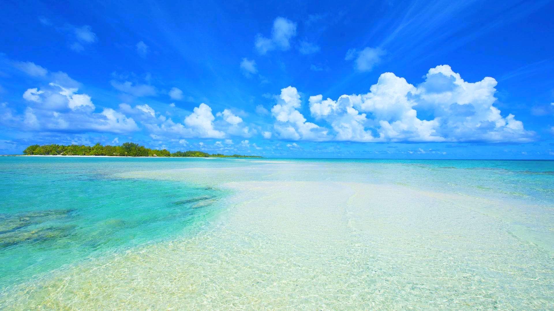 1920x1080 crystal clear lagoon, ocean, sky, summer, beautiful, tropical, island, clouds, paradise, atoll wallpaper