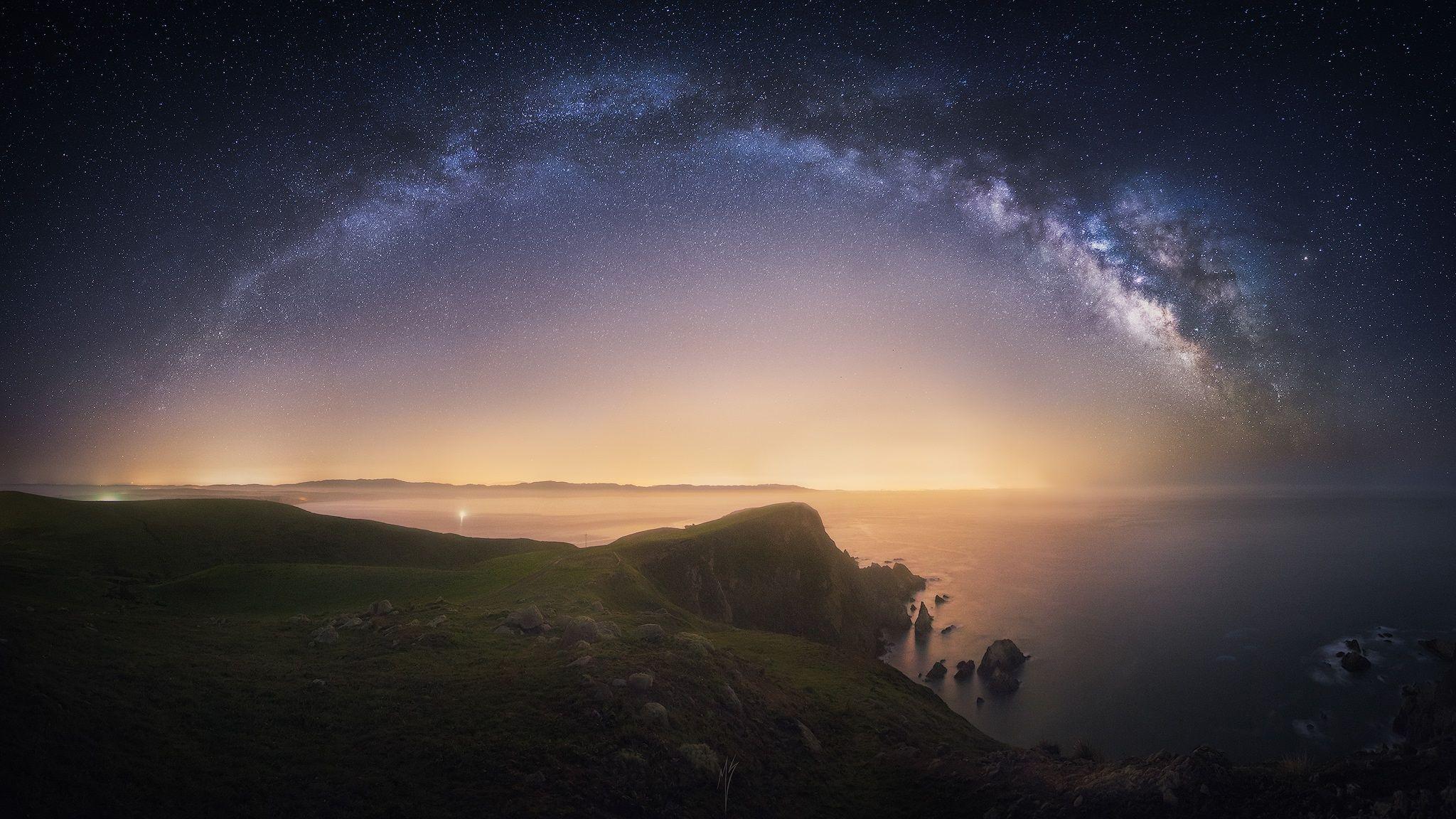 2048x1152 Horizon Nature Night Ocean Sky Starry Sky Stars Wallpaper:2048x1152