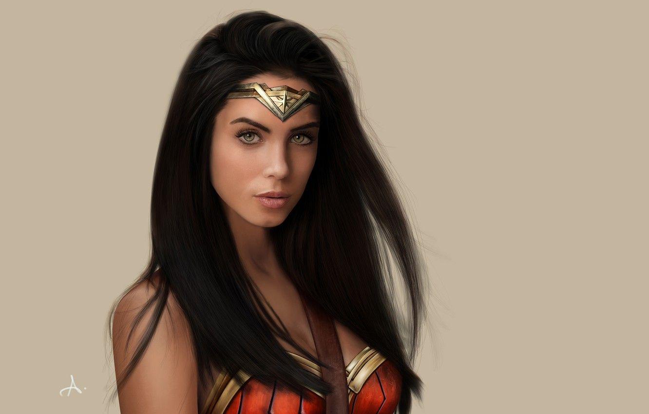 1332x850 Wallpaper girl, Wonder Woman, green eyes, long hair, model, comics, lips, face, painting, cosplay, brunette, fan art, artwork, superhero, costume, DC Comics image for desktop, section фантастика