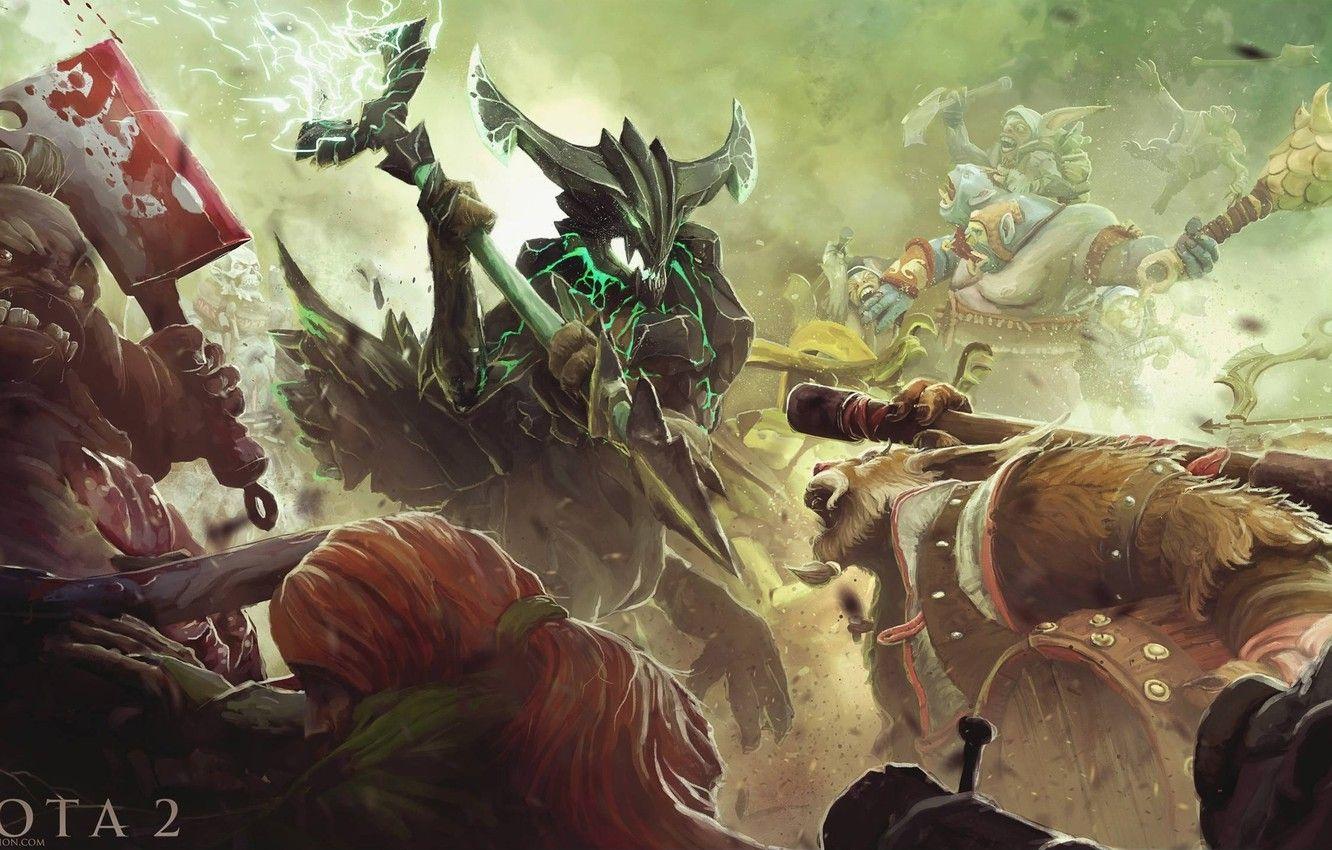 1332x850 Wallpaper art, battle, Dota Sniper, Drow Ranger, Meepo, Pudge, Venomancer, Outworld Devourer, Brewmaster, Ogre Magi, Windranger, Lich image for desktop, section игры