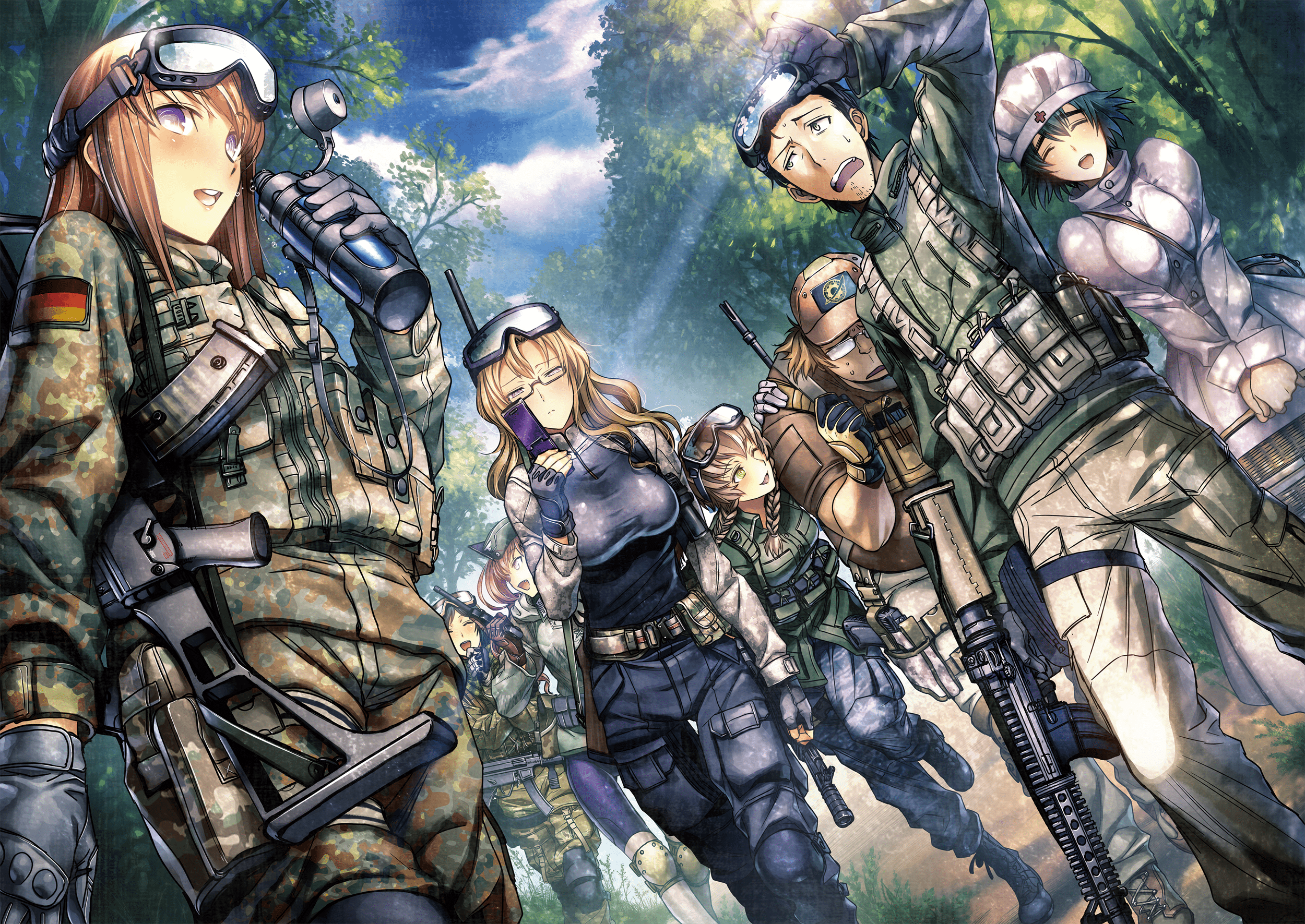 2500x1771 amane suzuha breast hold breasts faris nyannyan glasses gun hashida itaru hiroe rei kiryuu moeka makise kurisu okabe rintarou phone shiina mayuri steins;gate urushibara ruka weapon. konachan.com.com Anime Wallpaper