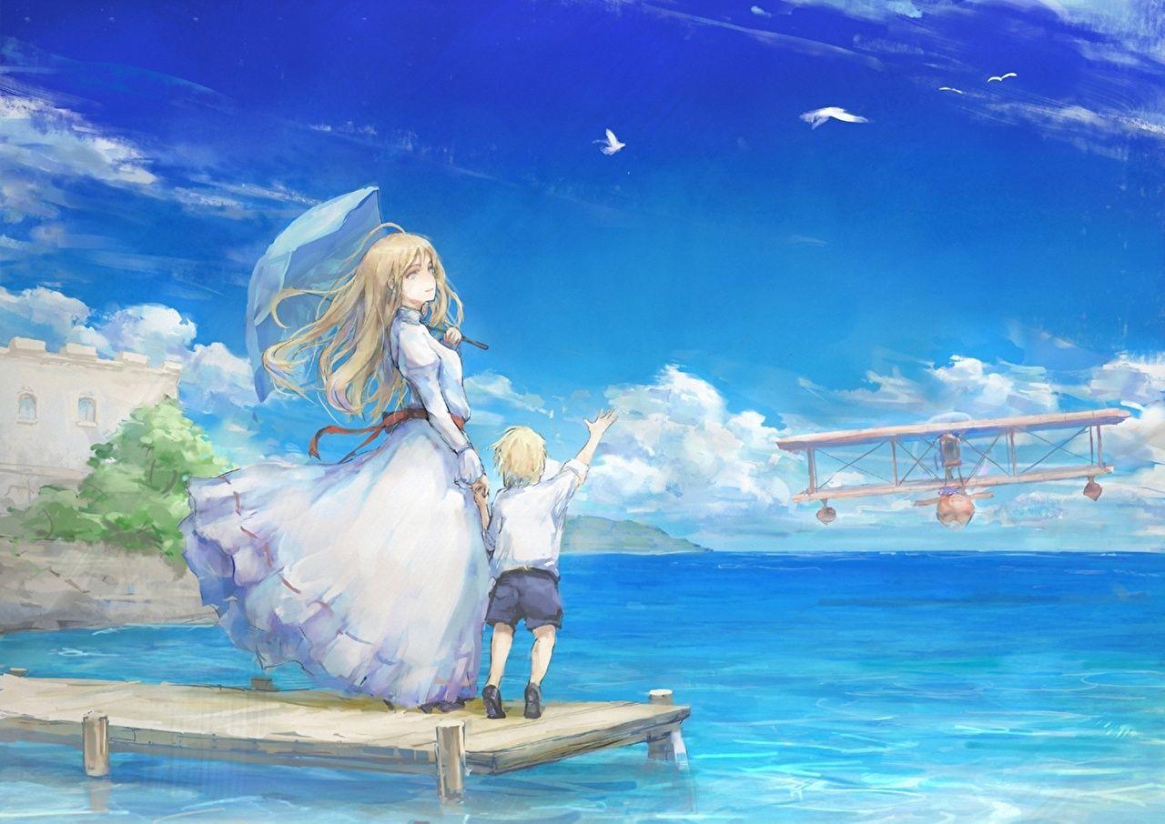 1280x906 Picture Sea Girls Anime Sky Marinas Umbrella frock