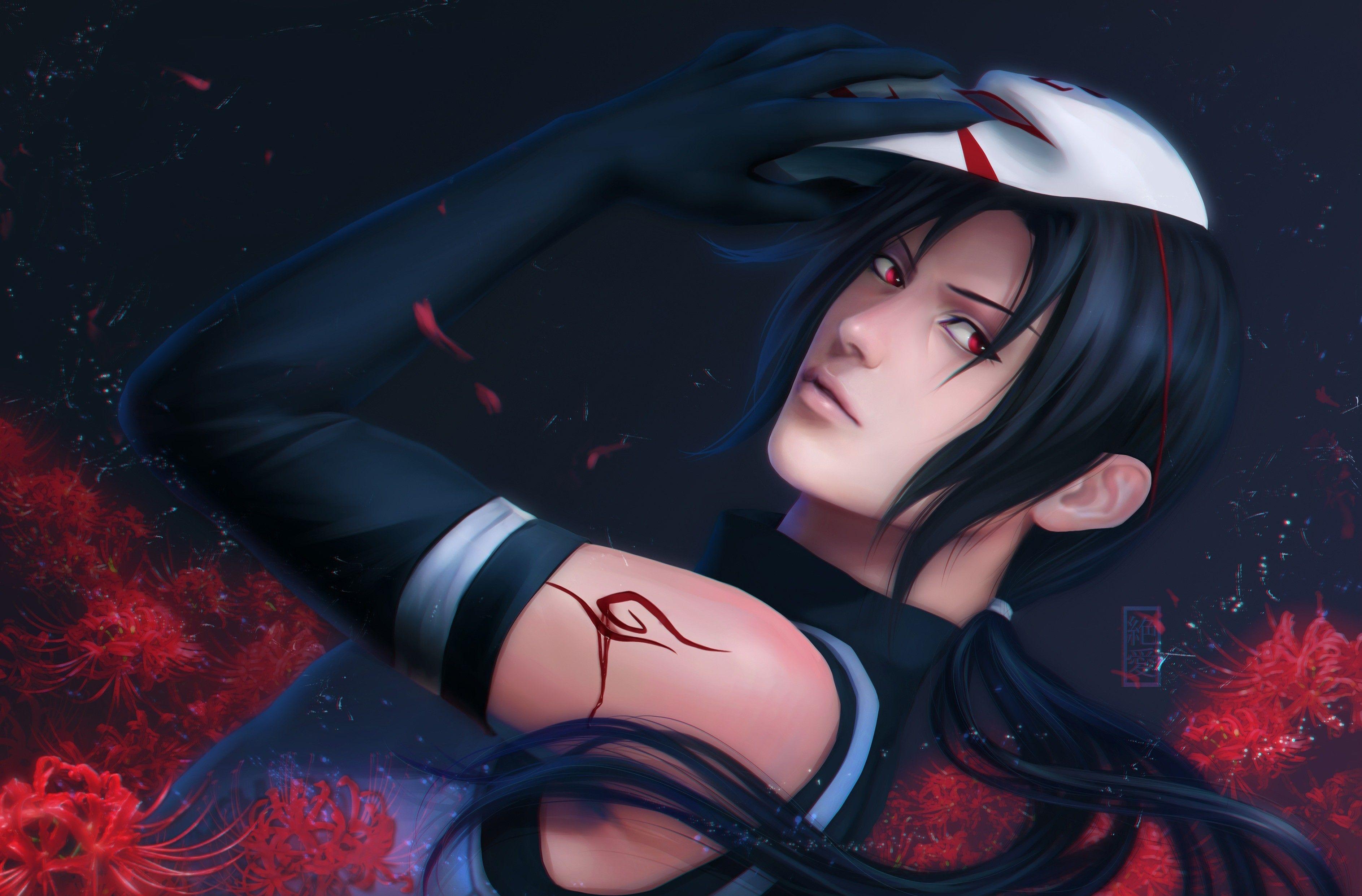 3773x2483 Fantasy Art Artwork Uchiha Itachi Naruto Shippuuden ANBU Mask Red Eyes Red Flowers Wallpaper:3773x2483