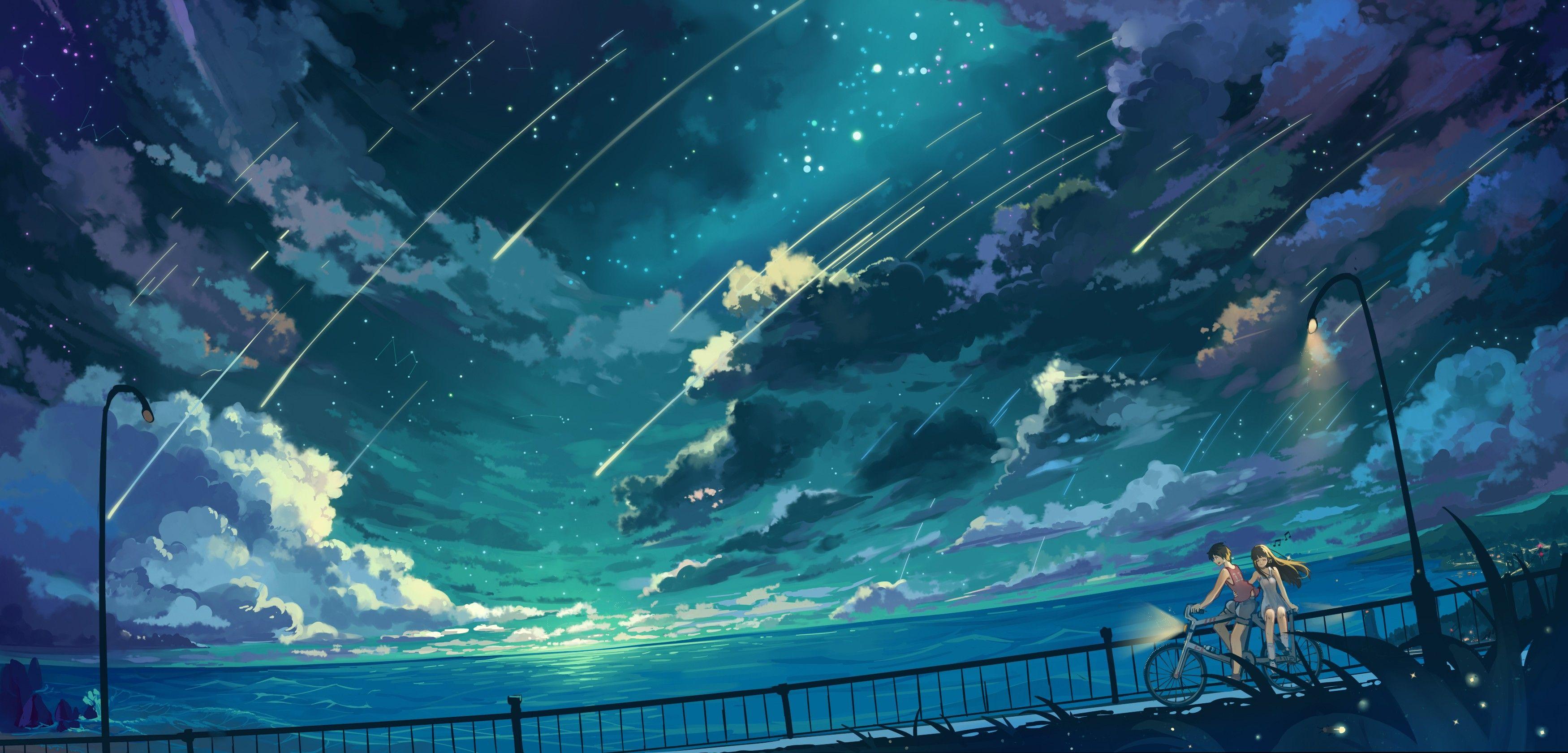 3500x1681 #sky, #stars, #night, #clouds, #bicycle, #anime, #sea, #anime girls, wallpaper. Mocah.org HD Desktop Wallpaper