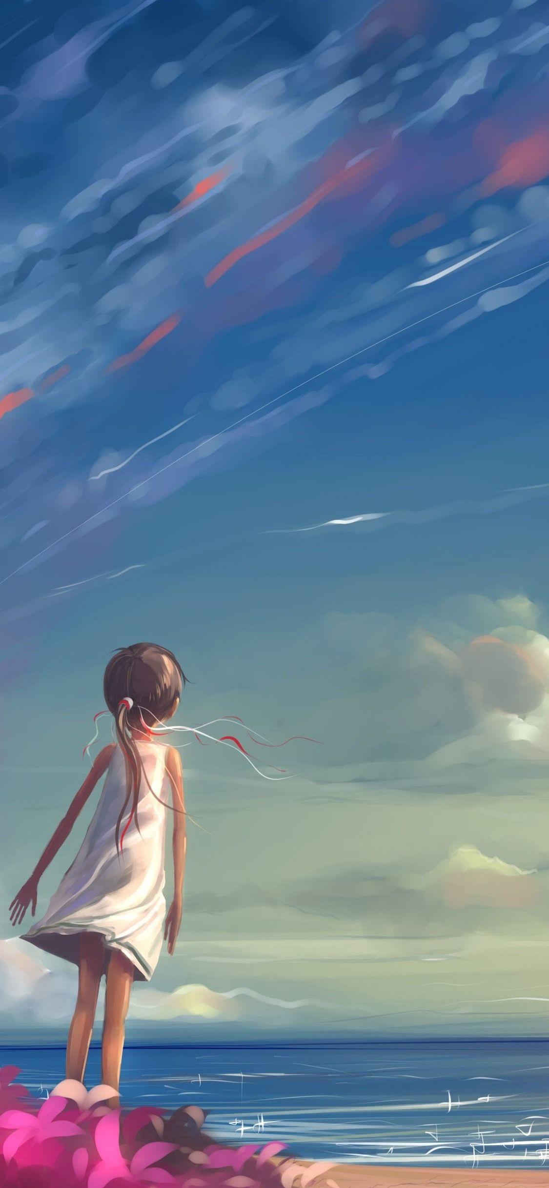 1125x2436 Little Girl, Sea, Sky, Kite, Anime 1125x2436 IPhone 11 Pro XS X Wallpaper, Background, Picture, Image