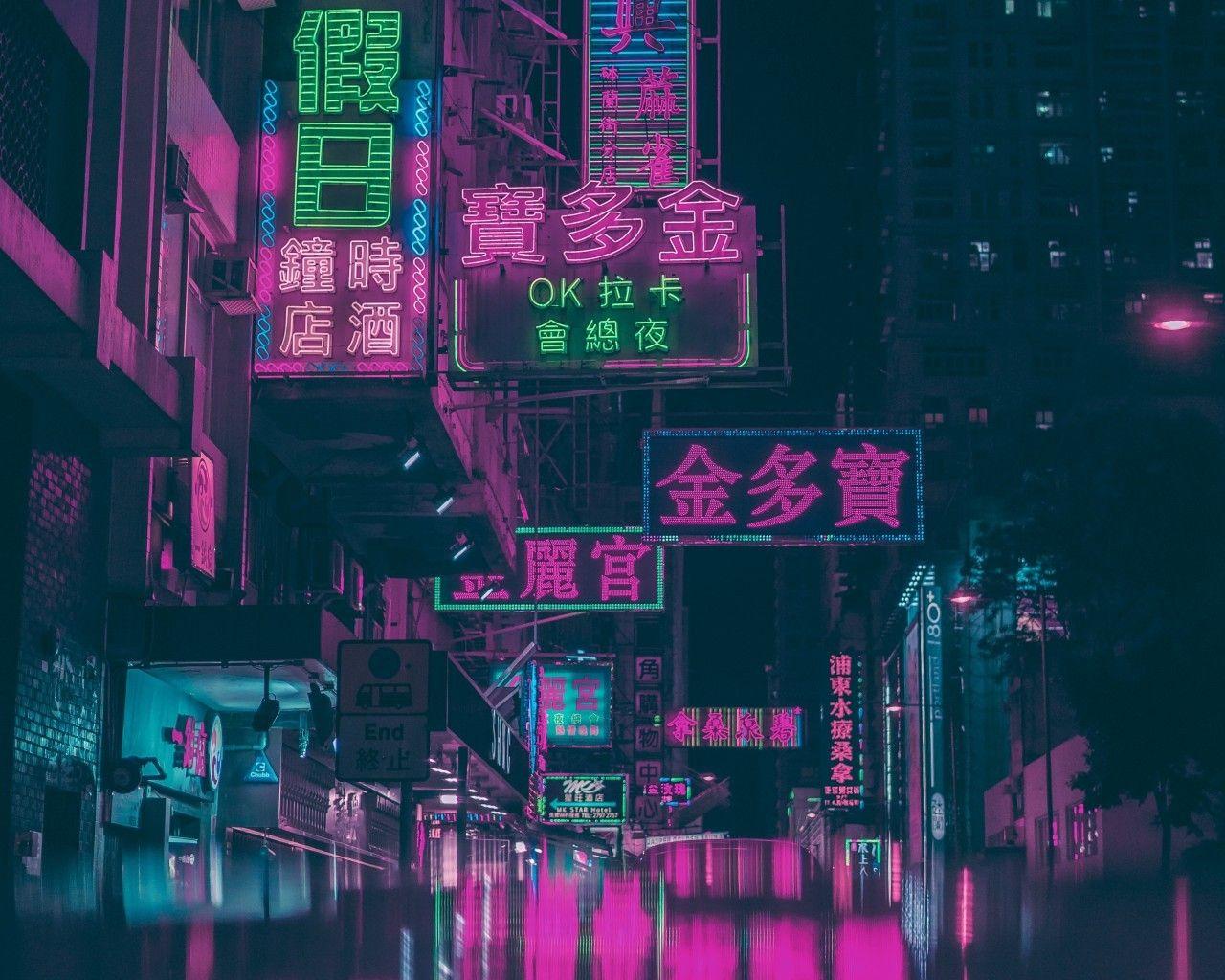 1280x1024 Download 1280x1024 Hong Kong, Urban, Night, Shop Signs, Neon Lights, Buildings Wallpaper