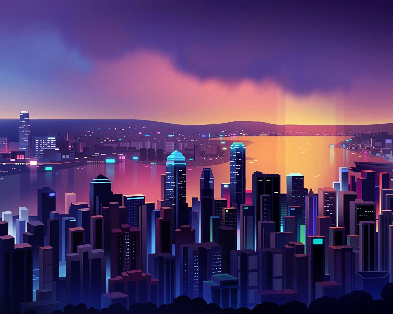 1280x1024 Neon Hong Kong Skyline (by Romain Trystram) [1920x1080]