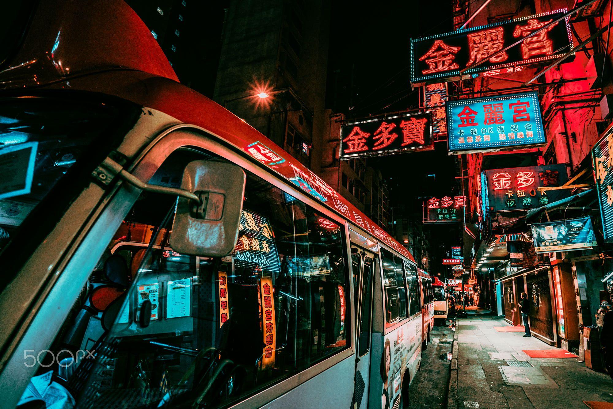 2000x1334 Daria Klepikova City Hong Kong Night Bus Stop Neon Lights Neon Glow Red Dark Buses Wallpaper:2000x1334