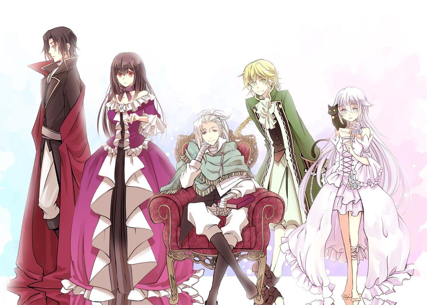 1403x1000 Victorian Clothes Pandora Hearts Anime Girls Anime Boys Simple Background Sitting Chair Dress Wallpaper:1403x1000