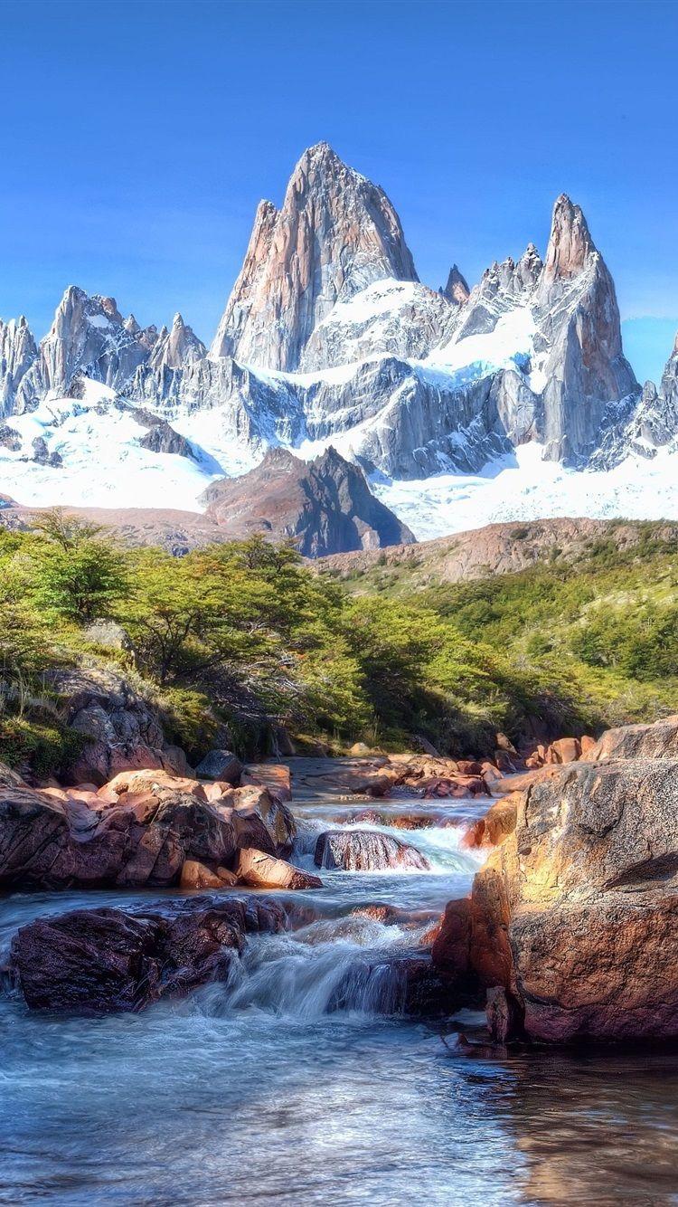 750x1334 Patagonia, Snow, Mountains, Stones, River, South America 750x1334 IPhone 8 7 6 6S Wallpaper, Background, Picture, Image