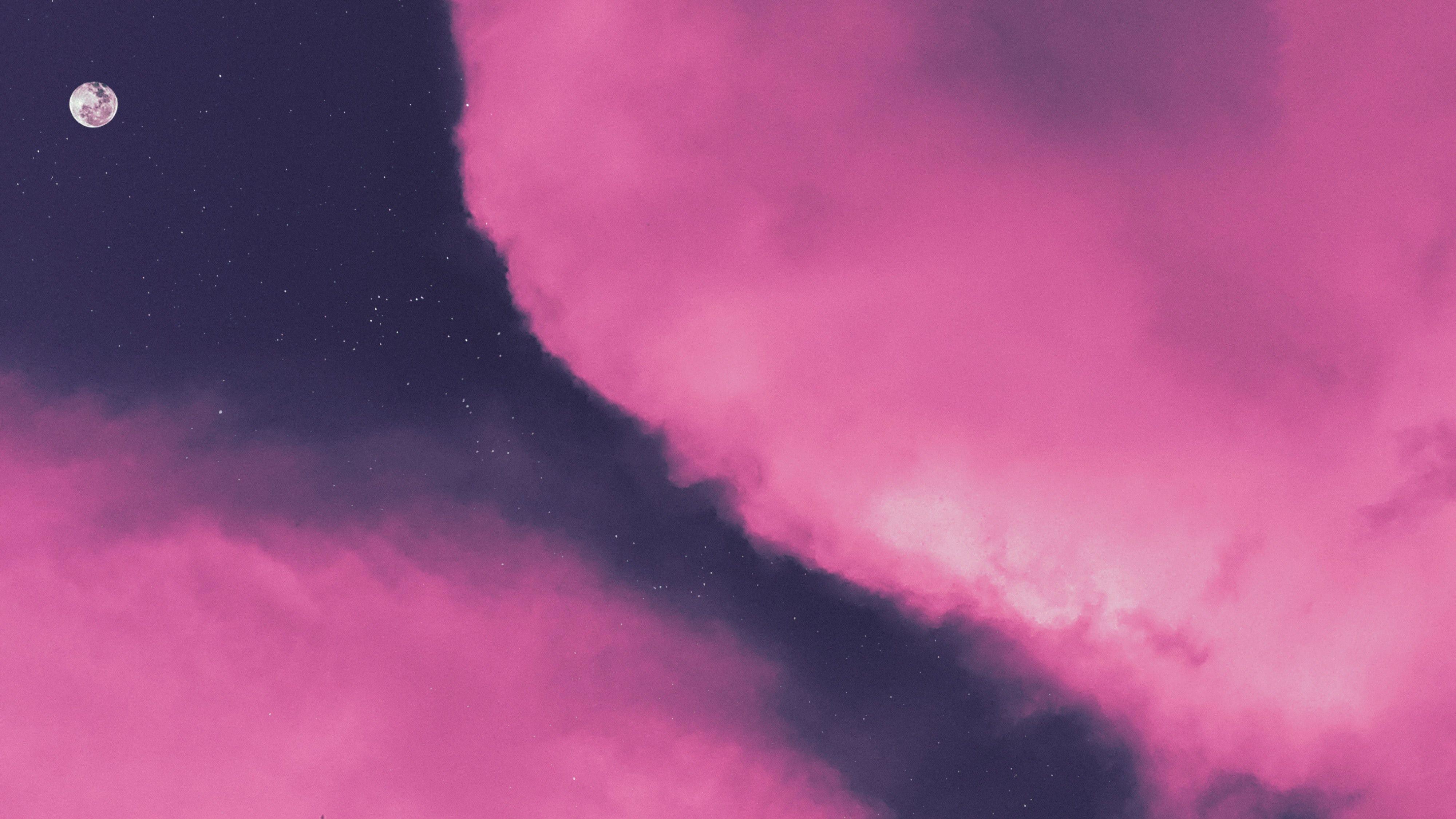 4000x2250 Pink clouds 4K Wallpaper, Moon, Sky view, Purple background, Stars, Lunar, Evening, Nature