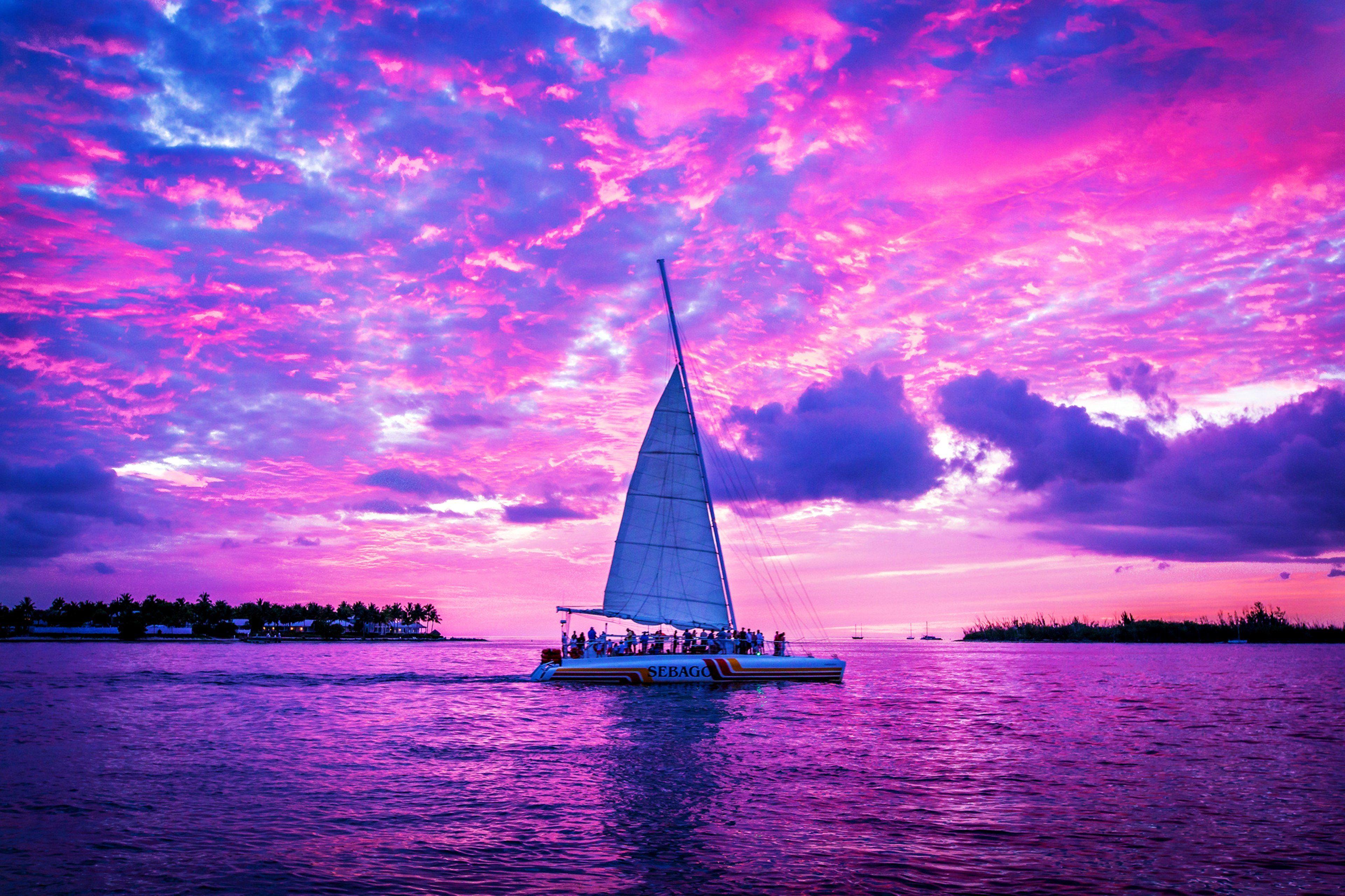 3840x2559 pink, Boats, Clouds, Ocean, Sailing, Sea, Ship, Sky, Watercrafts, Trips, Romantic, Purple Wallpaper HD / Desktop and Mobile Background