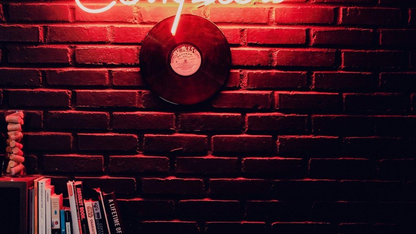 1366x768 Download 1366x768 Vinyl Record, Neon Light, Wall, Books Wallpaper for Laptop, Notebook