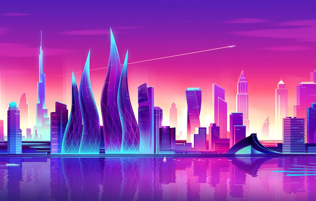 1332x850 Wallpaper Sunset, Vector, The city, Style, Skyscrapers, Dubai, Architecture, Art, Tower, Style, Neon, UAE, Skyscraper, Illustration, Burj Khalifa, Synth image for desktop, section рендеринг