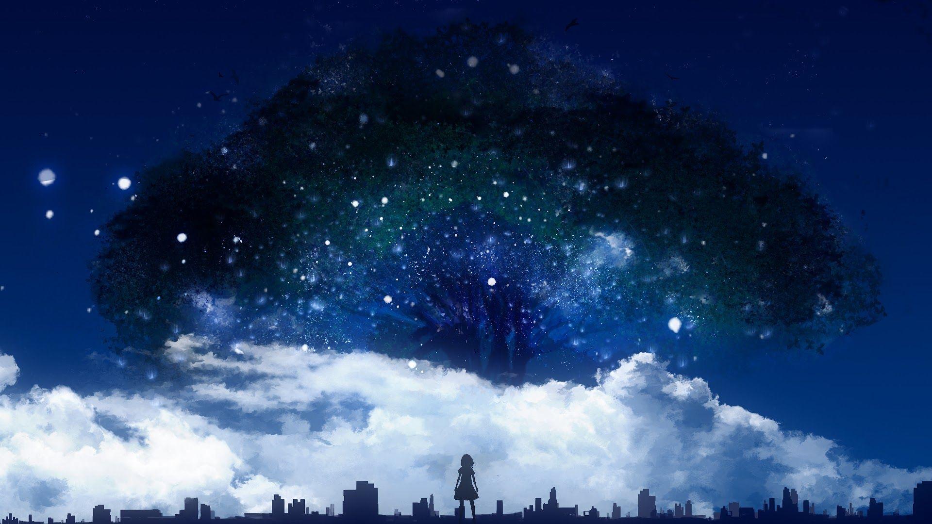 1920x1080 Night Trees Nature Scenery Anime 4K Wallpaper