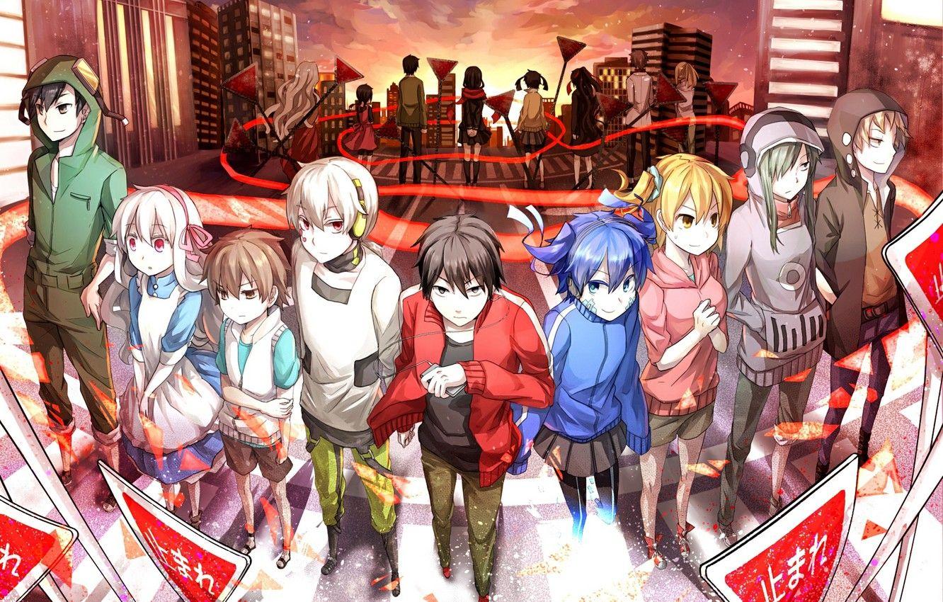 1332x850 Wallpaper sunset, the city, girls, home, anime, headphones, signs, art, player, guys, konoha, kagerou project, ayano tateyama, ene, kido tsubomi, kisaragi shintaro image for desktop, section арт