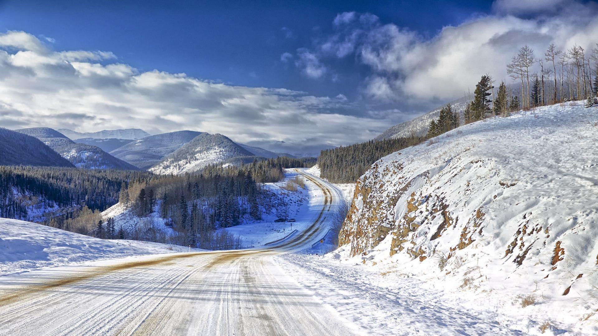 1920x1080 Mountain Winter Snow Road Wallpaper