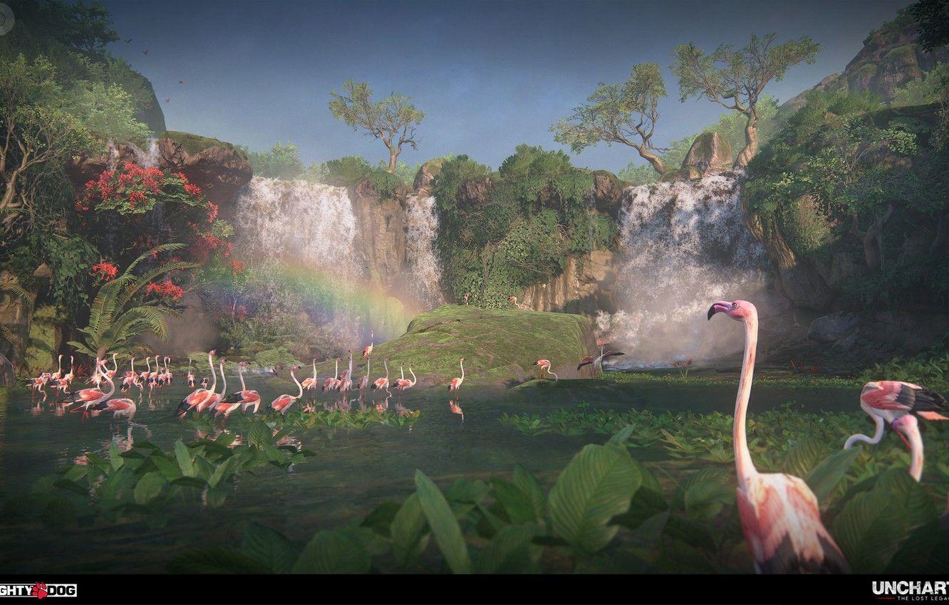 1332x850 Wallpaper vegetation, waterfall, Flamingo, Uncharted The Lost Legacy, Intro to Western Ghats image for desktop, section игры