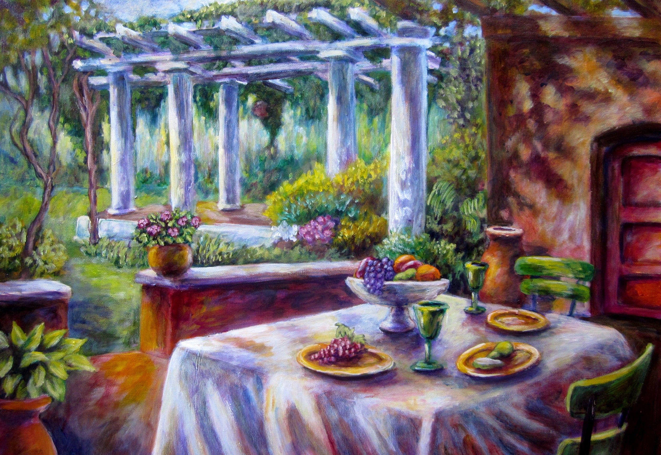 2769x1906 art, Garden, Park, Table, Chair, Column, Fruits, Flowers, Glasses Wallpaper HD / Desktop and Mobile Background