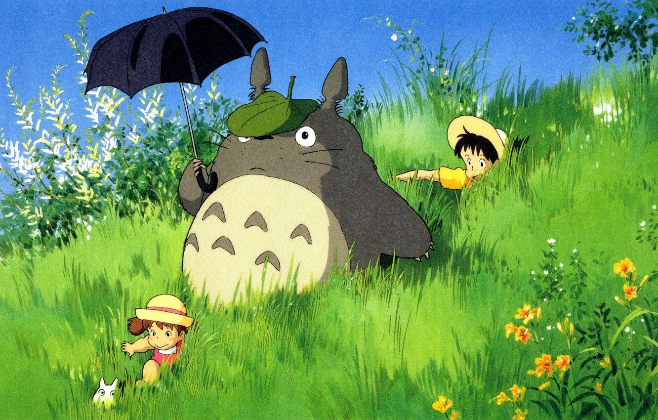 1332x850 Wallpaper summer, grass, children, hat, being, umbrella, walk, my neighbor Totoro, totoro, tonari no totoro, hayao Miyazaki, satsuki kusakabe, mei kusakabe image for desktop, section сёнэн
