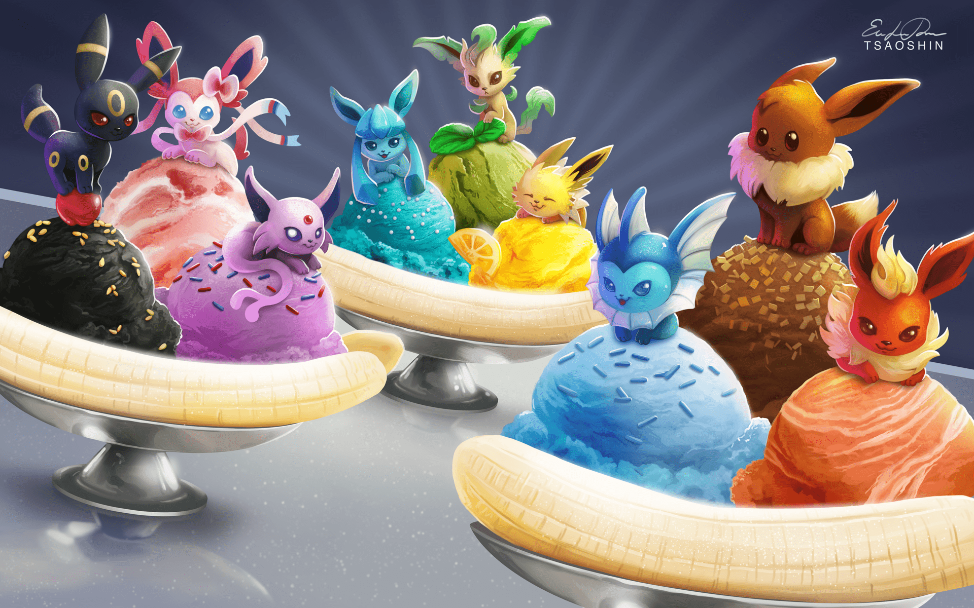 1920x1200 Free download Eevee Banana Splits by TsaoShin [1920x1200] for your Desktop, Mobile & Tablet. Explore Eevee Wallpaper for Computer. Espeon Wallpaper, Pokemon Eevee Evolutions Wallpaper, Eevee Evolution Wallpaper