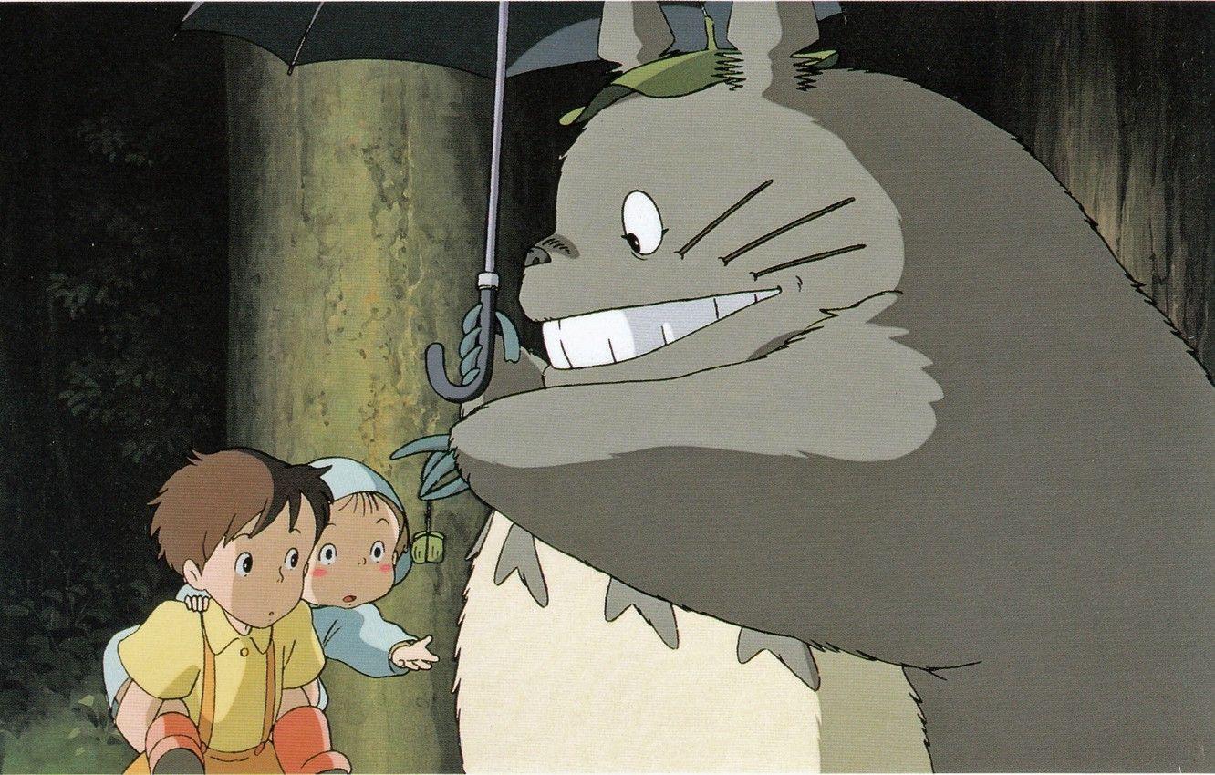 1332x850 Wallpaper night, children, smile, gift, surprise, being, umbrella, my neighbor Totoro, totoro, tonari no totoro, hayao Miyazaki, satsuki kusakabe, mei kusakabe image for desktop, section сёнэн