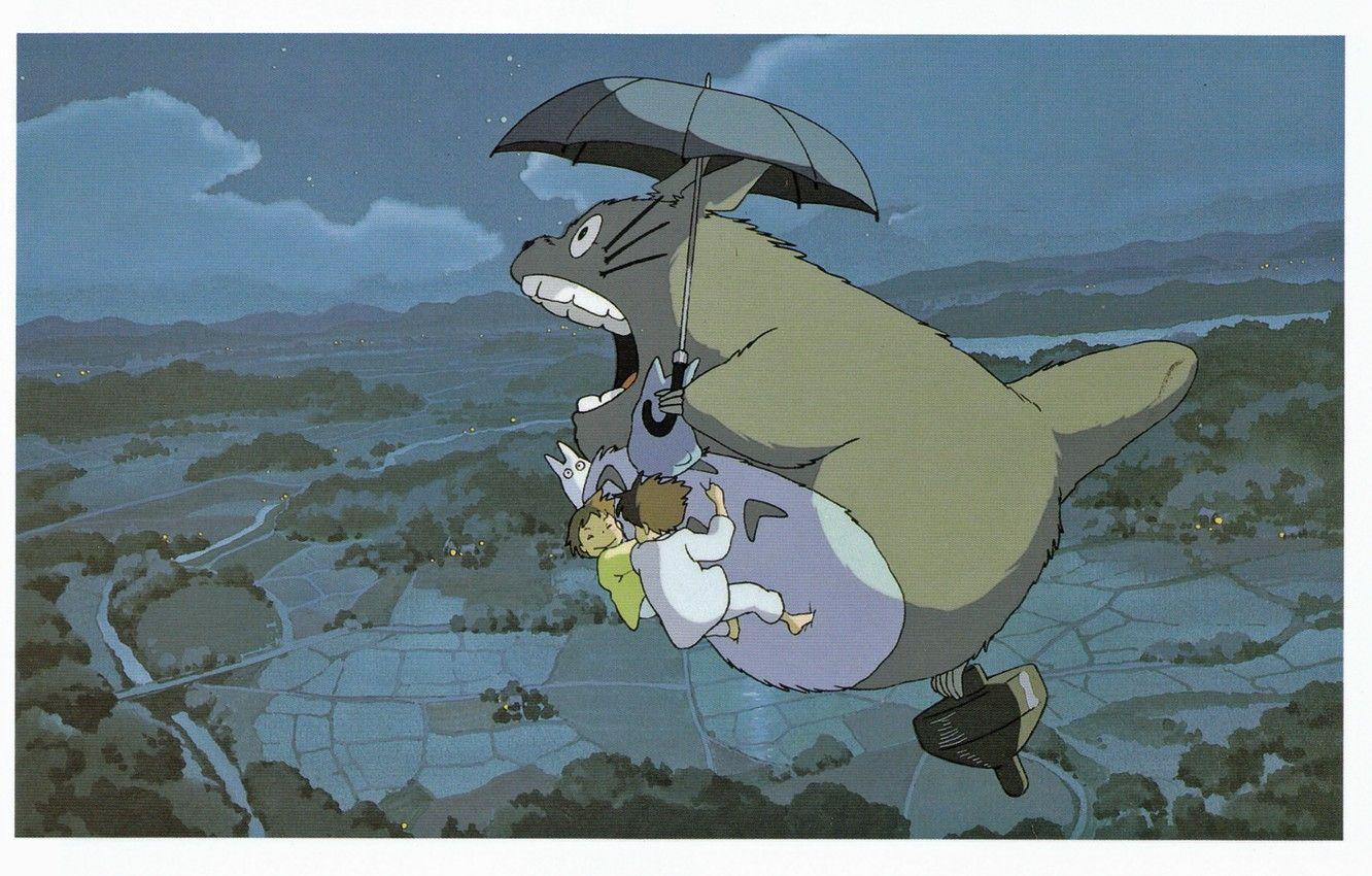 1332x850 Wallpaper flight, night, children, being, umbrella, horizon, my neighbor Totoro, art, tonari no totoro, hayao Miyazaki, satsuki kusakabe, mei kusakabe image for desktop, section прочее