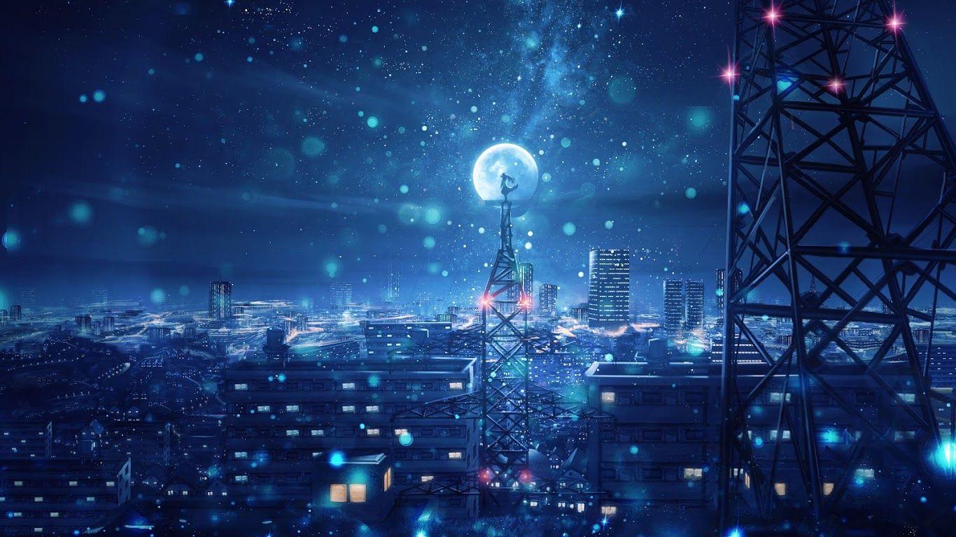 Hình nền 1366x768 Bầu trời đêm Thành phố Sao Anime Phong cảnh 4K