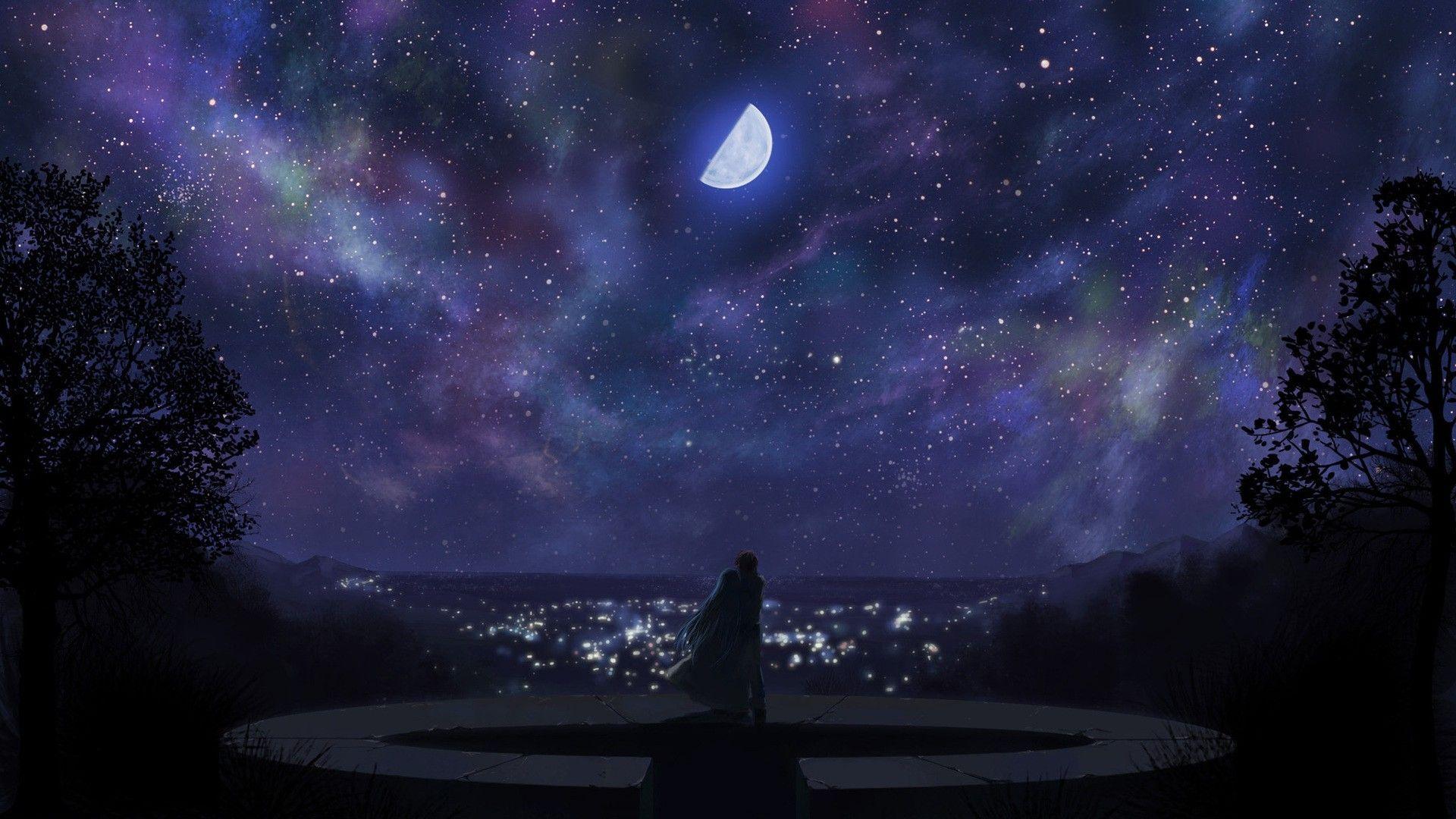 1920x1080 Anime Night Artwork Fantasy Art Moon Dark Sky Stars Hình nền - Độ phân giải: 1920x1080