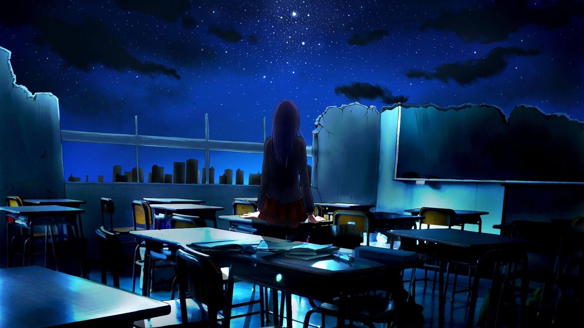 Hình nền máy tính để bàn 1920x1080 Anime girl cầu nguyện trong lớp học đổ nát dưới bầu trời đêm đen