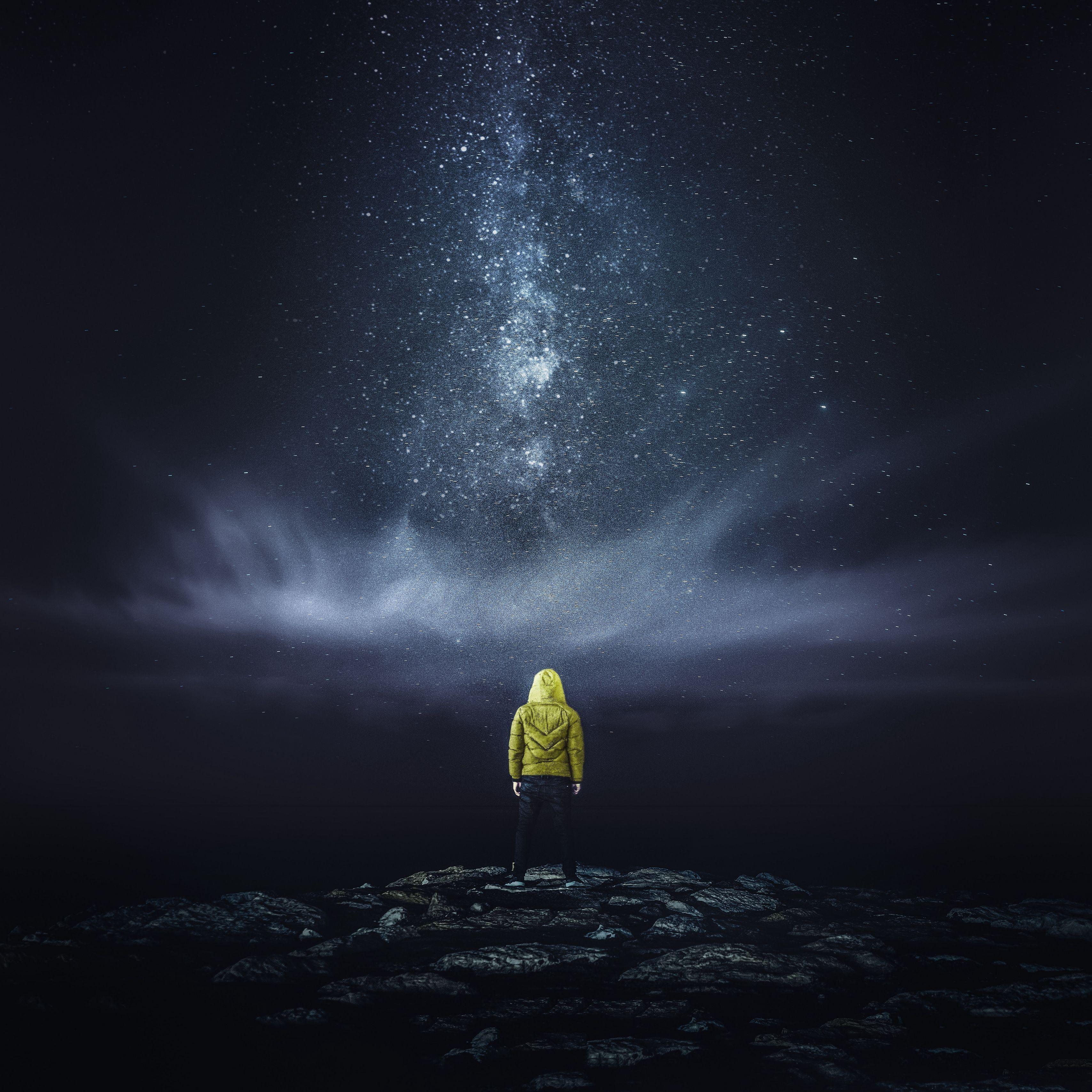 3415x3415 Download wallpaper 3415x3415 man, starry sky, stars, night ipad pro 12.9 retina for parallax HD background
