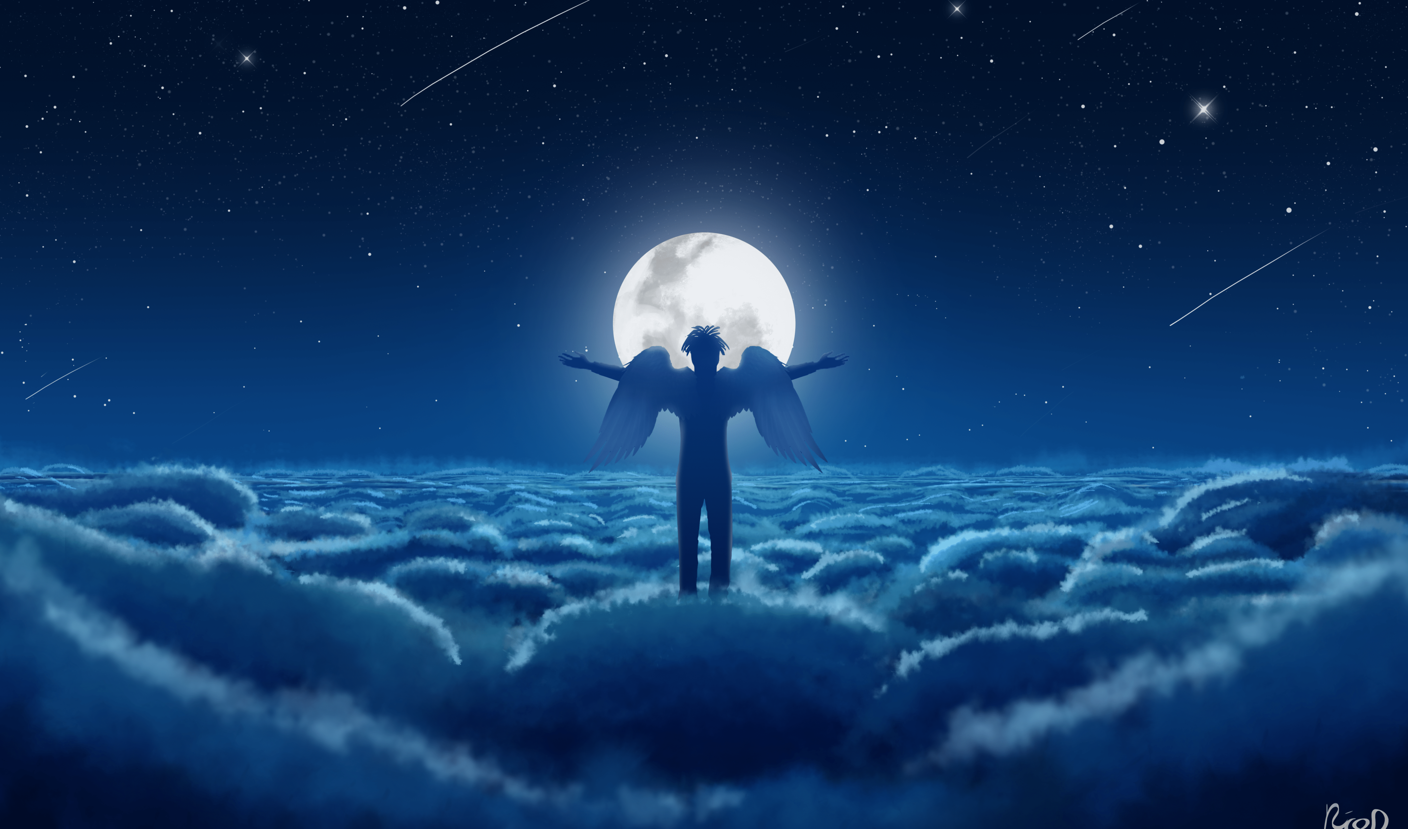 4883x2876 Download 4883x2876 Angel, Moon, Beyond The Clouds, Stars, Night Wallpaper