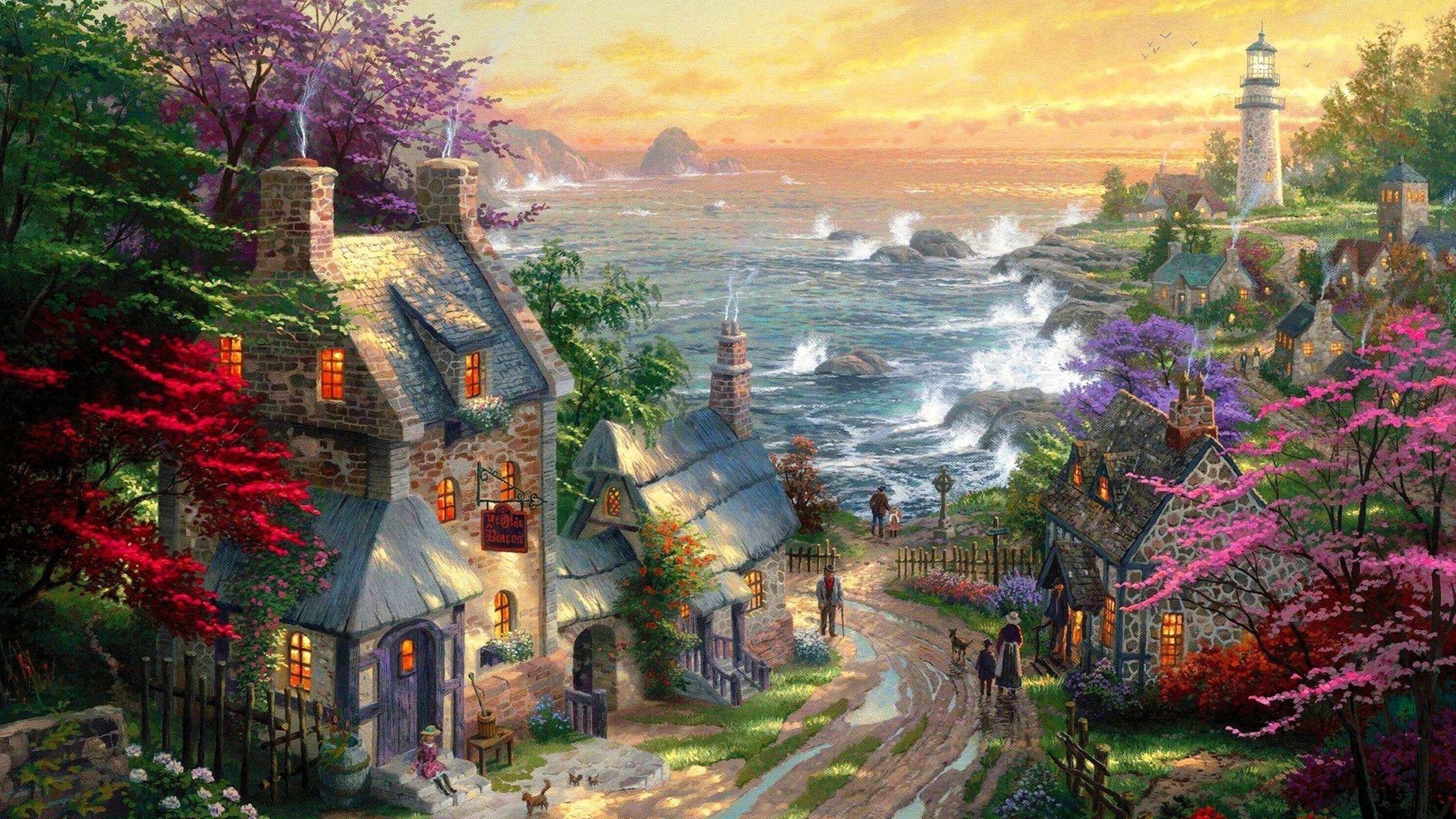 2560x1440 painting, home, village, the village lighthouse, thomas kinkade desktop wallpaper 85239