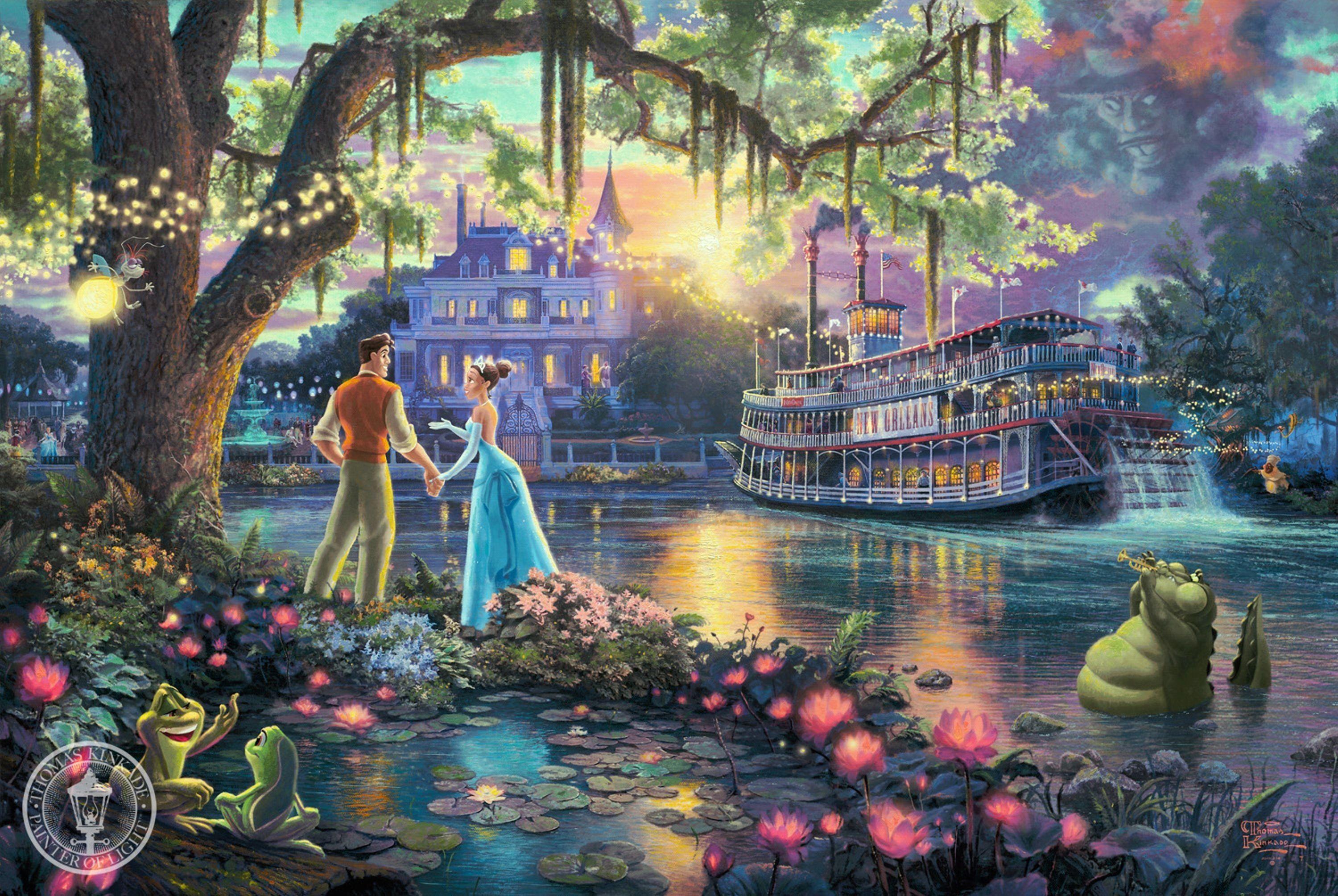 3000x2010 Thomas Kinkade The Princess and the Frog Disney Art evening wallpaper desktop background