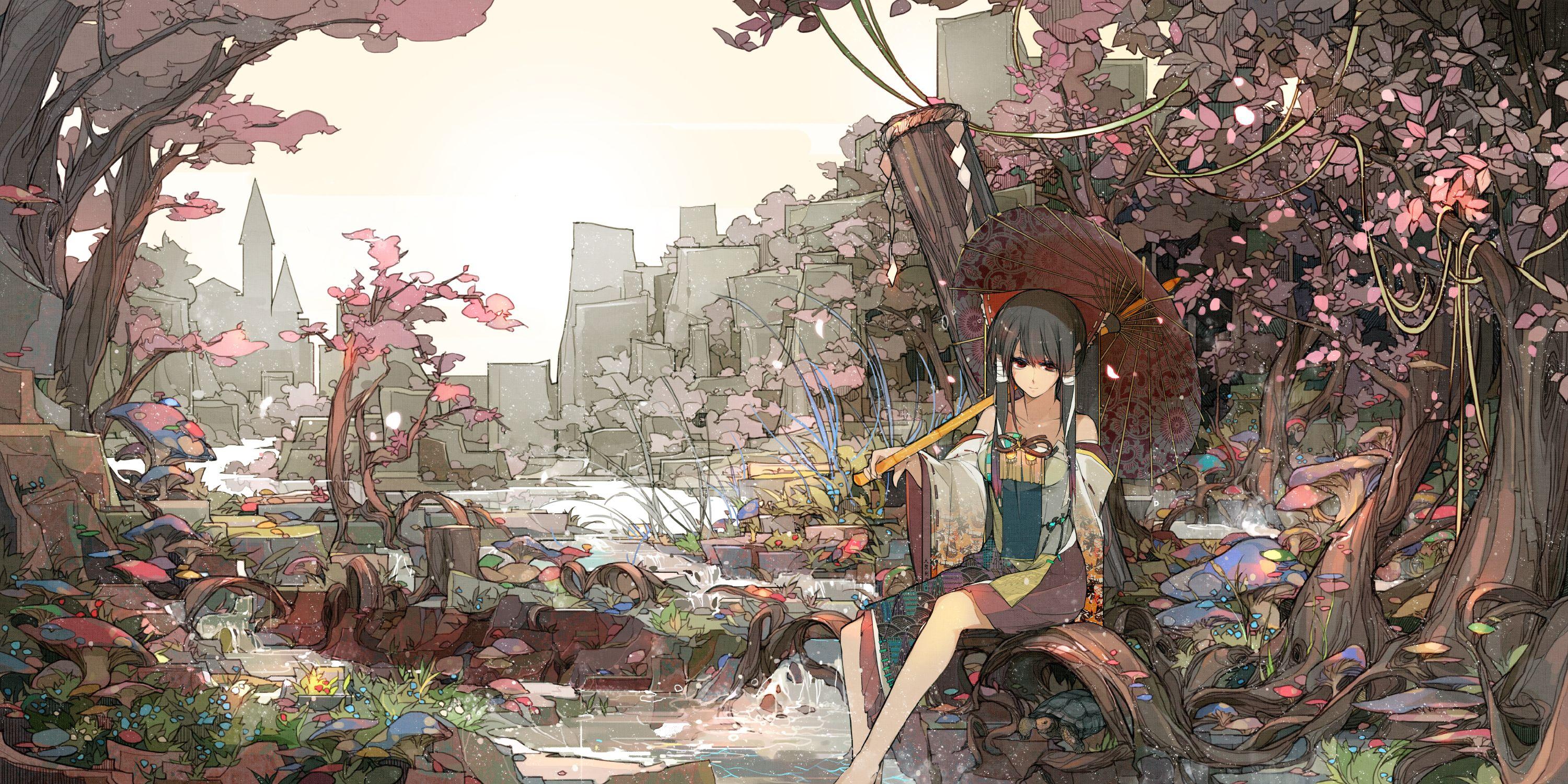 3000x1500 Hakurei reimu japanese clothes sakura sora touhou tree water wallpaperx1500