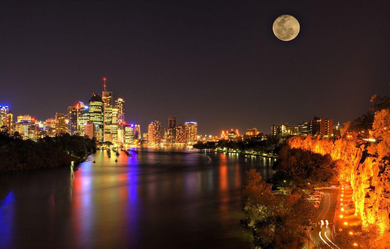 1332x850 Wallpaper road, night, lights, Strait, skyscrapers, The moon, panorama, Australia, Brisbane image for desktop, section город